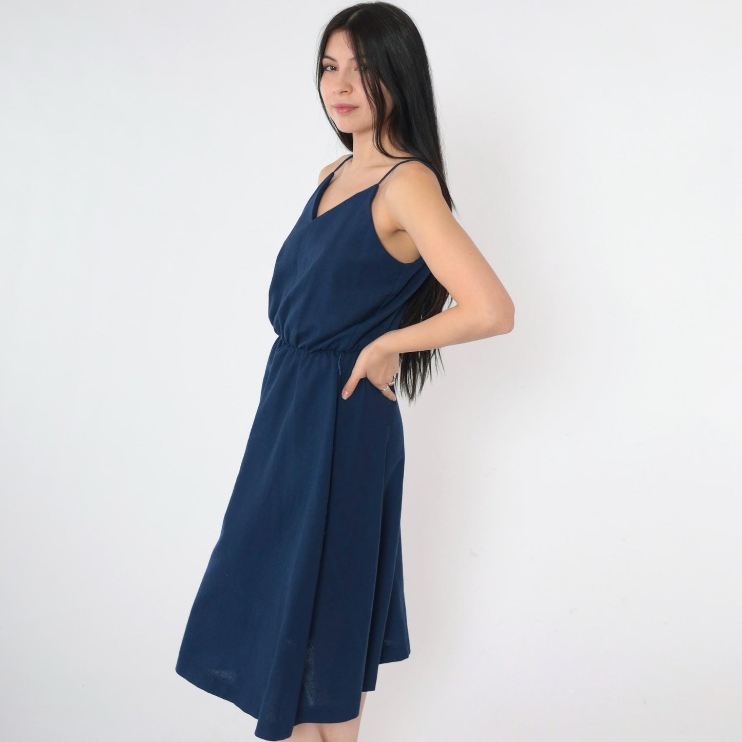 70s Navy Midi Sundress V-Neck Spaghetti Strap High Waist Small