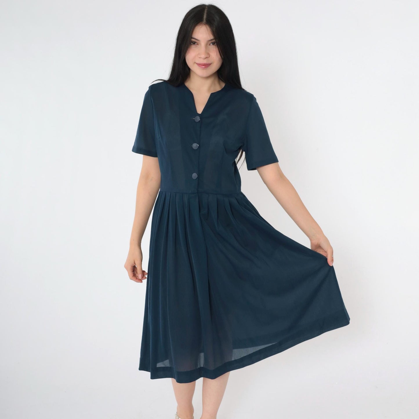 60s Navy Shirtdress Pleated Midi Button-Up High Waist Small