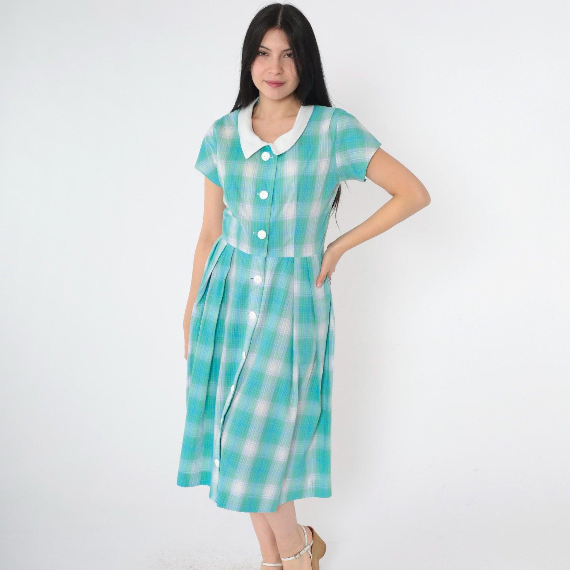 60s Plaid Button-Up Shirtdress High Waist Midi Blue Green Small S