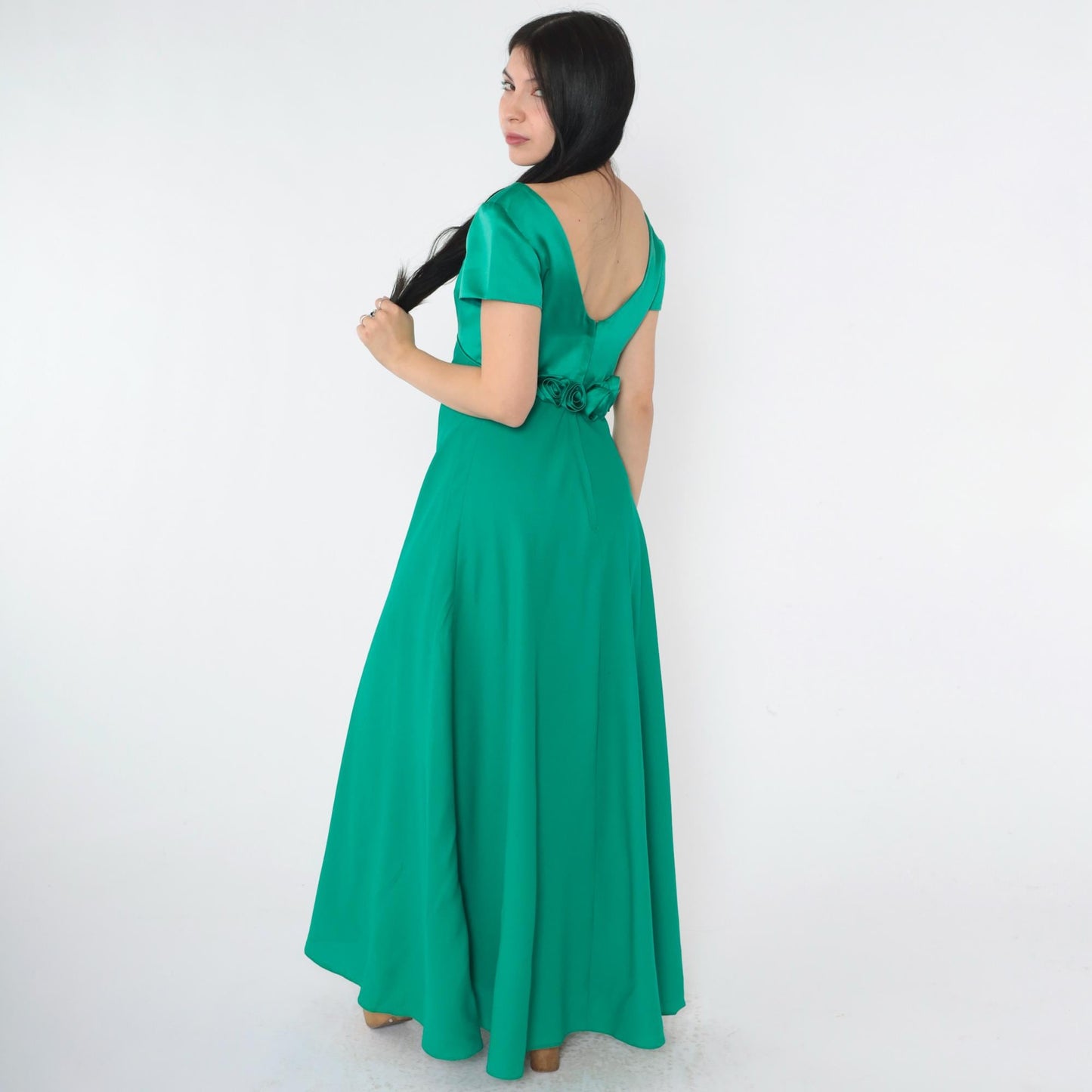 90s Kelly Green Satin Maxi Dress Empire Waist Rosette Low Back Small