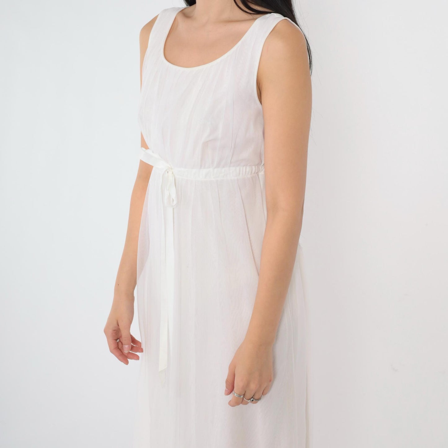 70s White Nylon Maxi Slip Dress Empire Waist Drawstring Scoop Neck Small