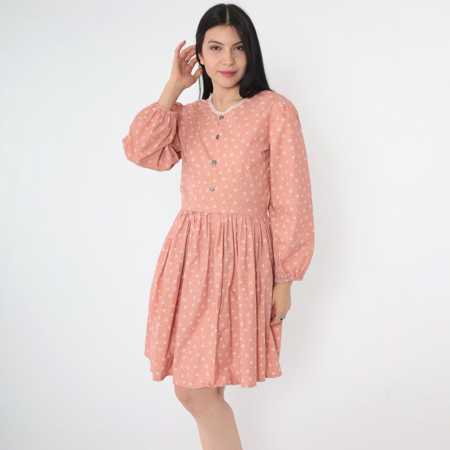 70s Peach Calico Floral Mini Dress Puff Sleeve High Waist Small