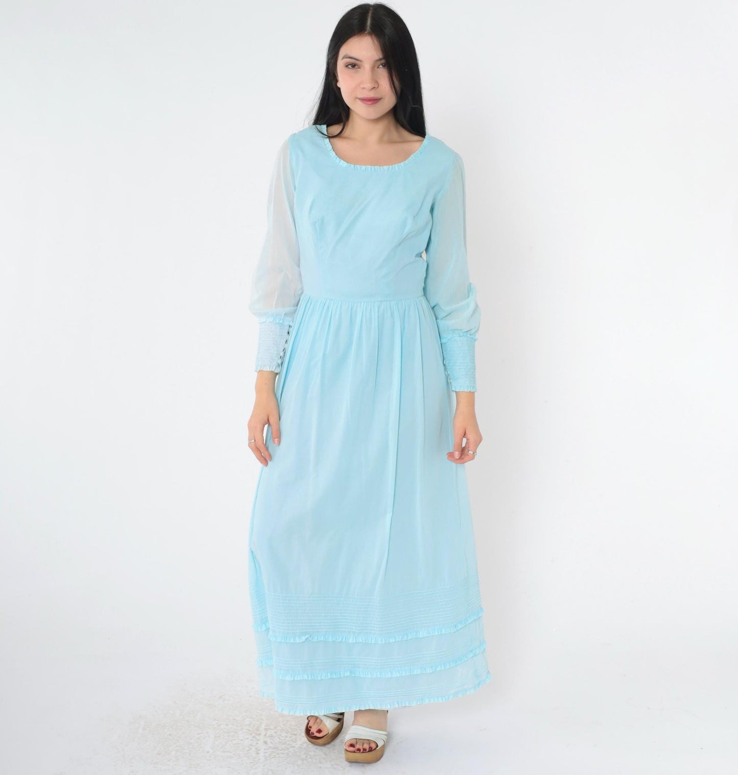 1970s Baby Blue Maxi Dress High Waist Scoop Neck Long Sleeve Ruffled Small