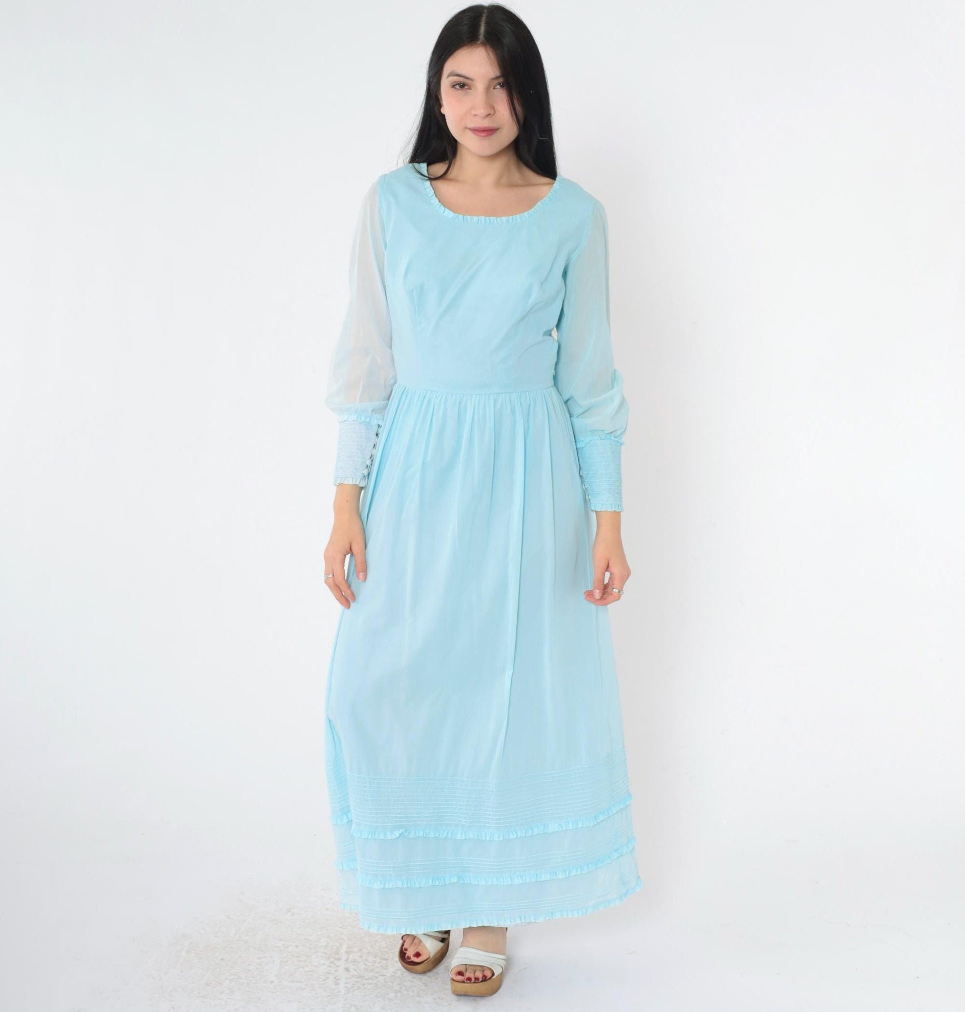 1970s Baby Blue Maxi Dress High Waist Scoop Neck Long Sleeve Ruffled Small