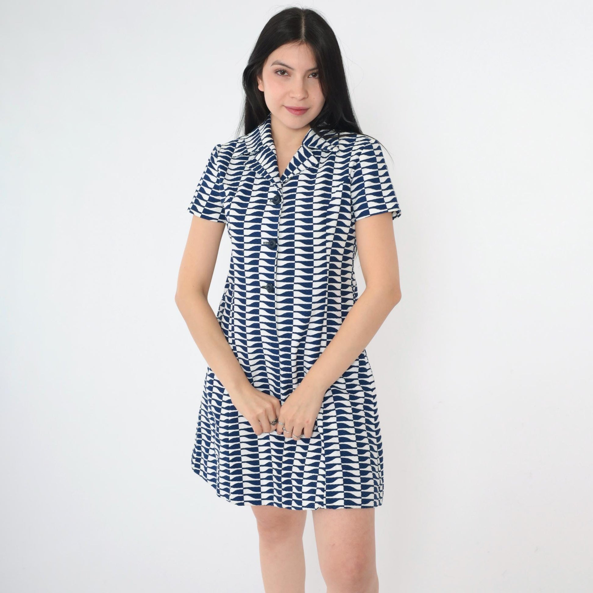 60s Mod Mini Dress Op Art Print A-Line Button Up Navy White Small