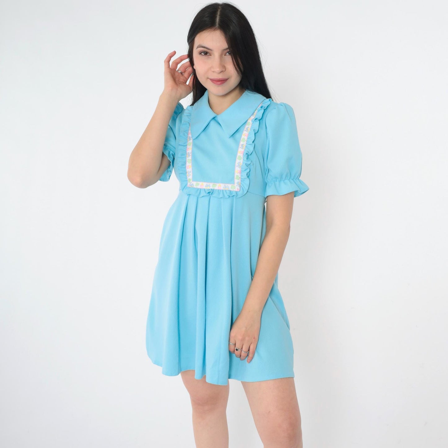 1970s Babydoll Mini Dress Empire Waist Puff Sleeve Blue Embroidered Bib Small