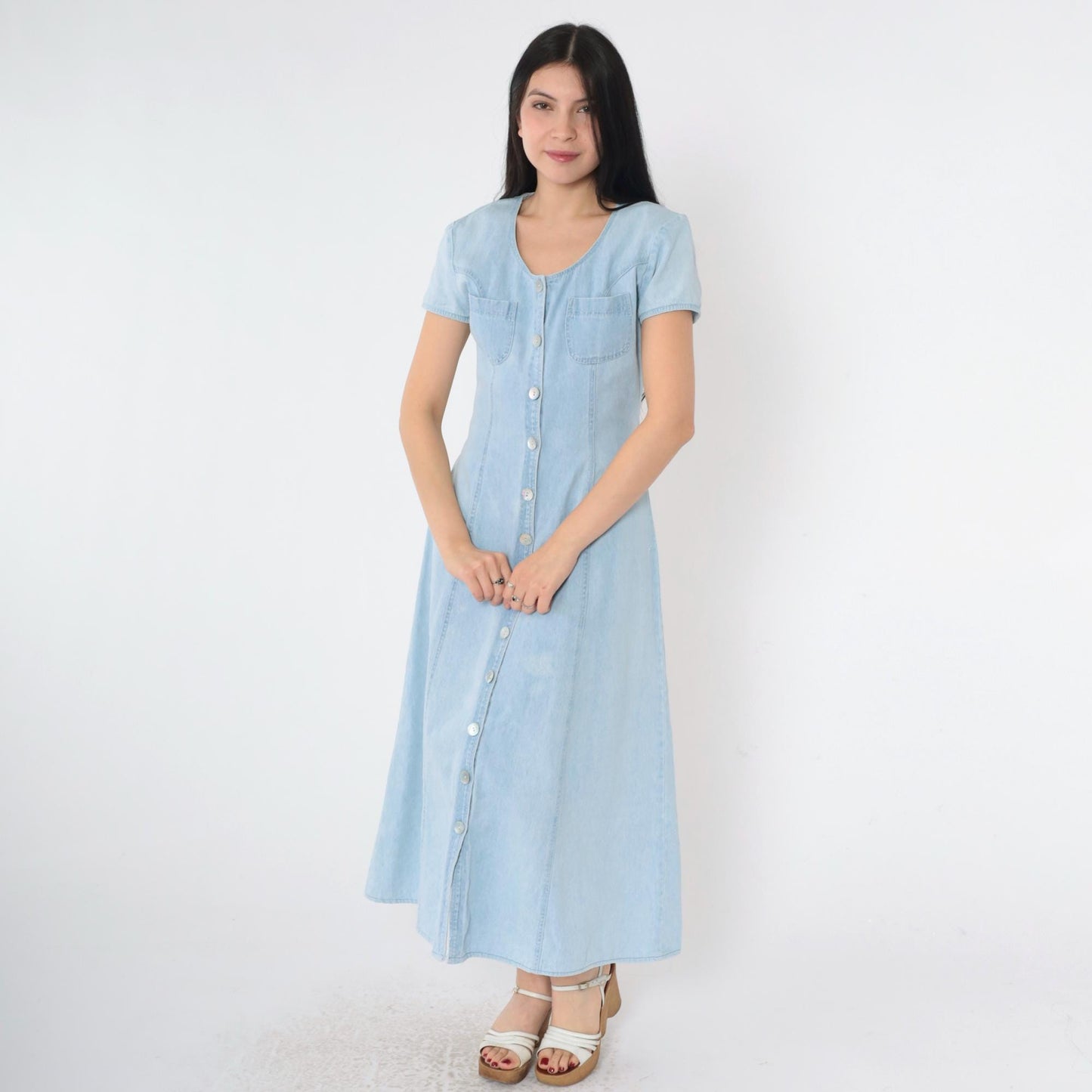 90s Blue Denim Shirtdress Ankle Length Button Up Short Sleeve Small S