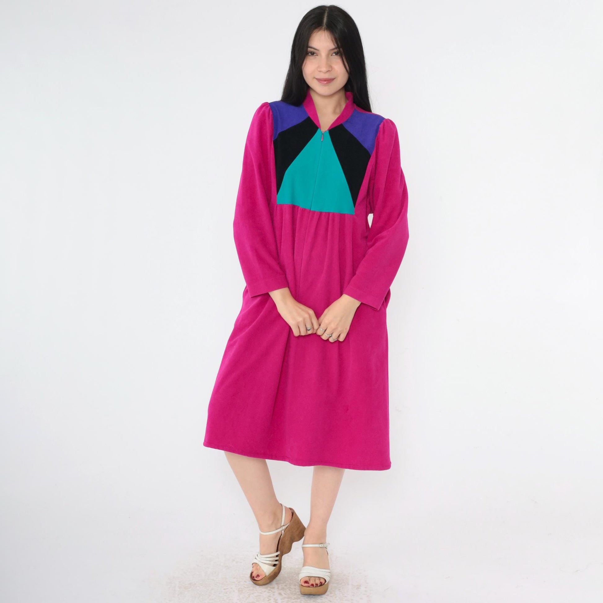 80s Vassarette Velour Lounge Dress Fuchsia Color Block Midi Zip Front Medium M