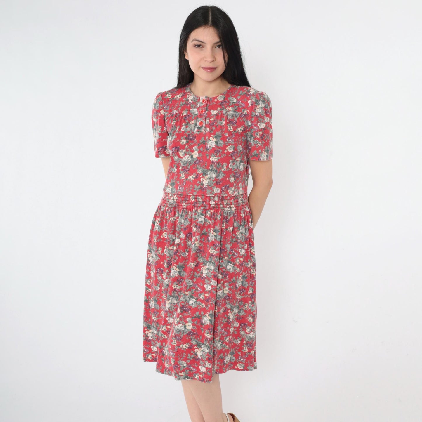 80s Red Floral Midi Dress Puff Sleeve Smocked Waist Extra Small