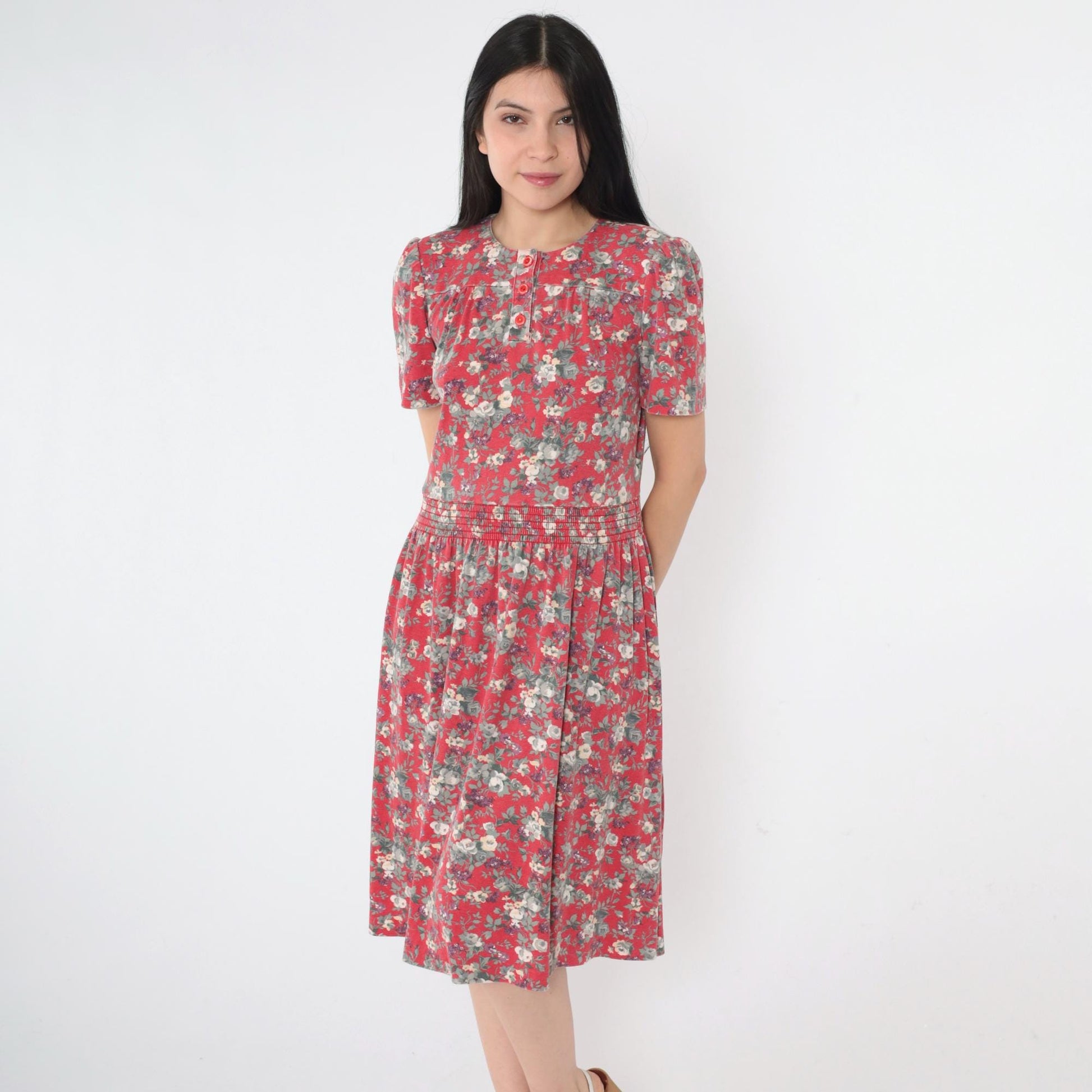 80s Red Floral Midi Dress Puff Sleeve Smocked Waist Extra Small