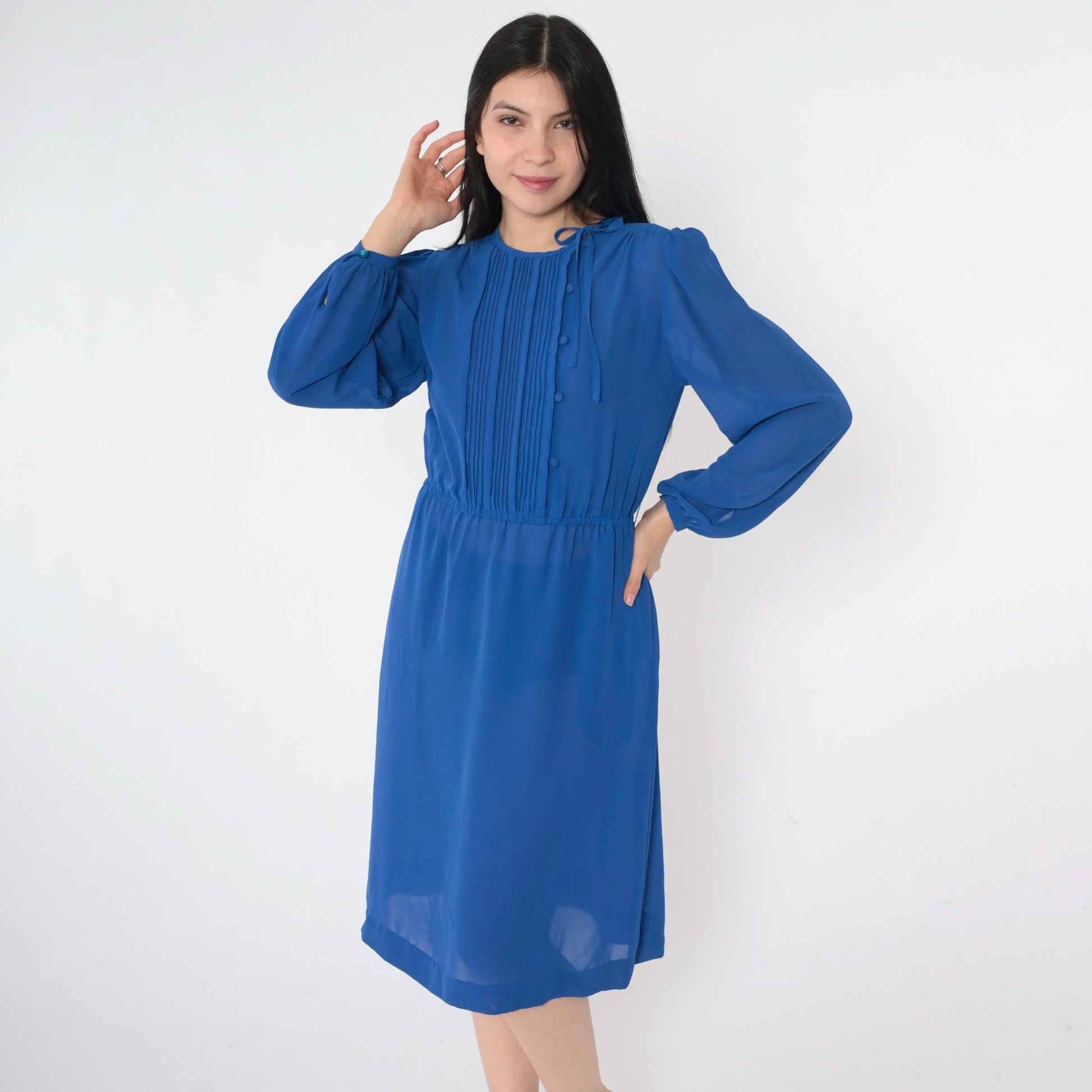 80s Sheer Blue Shirtwaist Midi Dress Puff Sleeve High Waist Small Medium