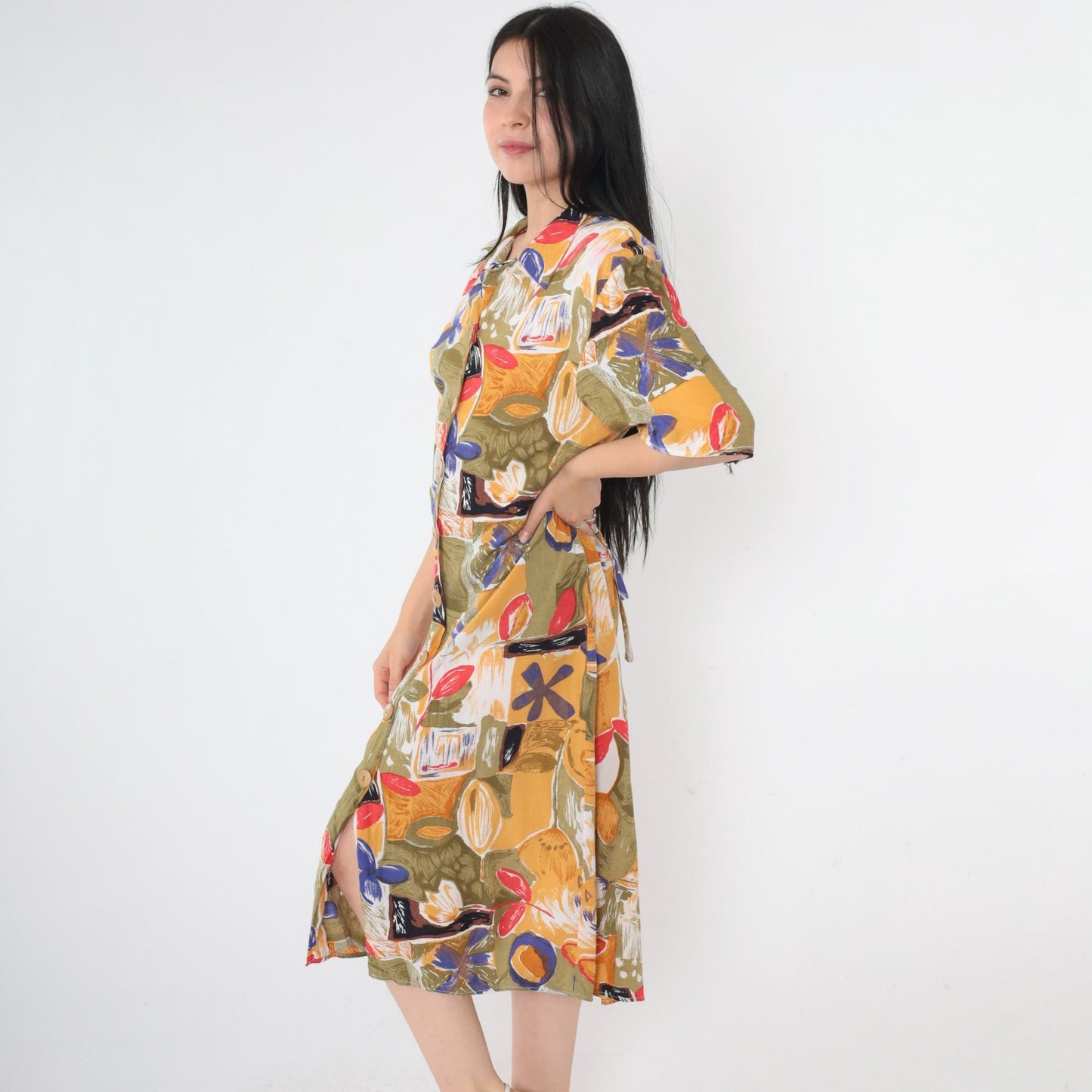 90s Abstract Floral Midi Shirt Dress Button Up Rayon Olive Green Yellow Large