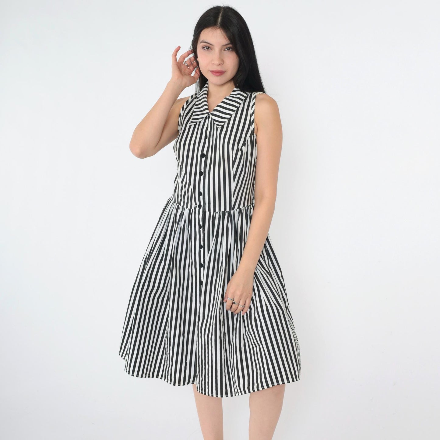 Y2K Black White Striped Shirtdress Knee Length Sleeveless High Waist Extra Small