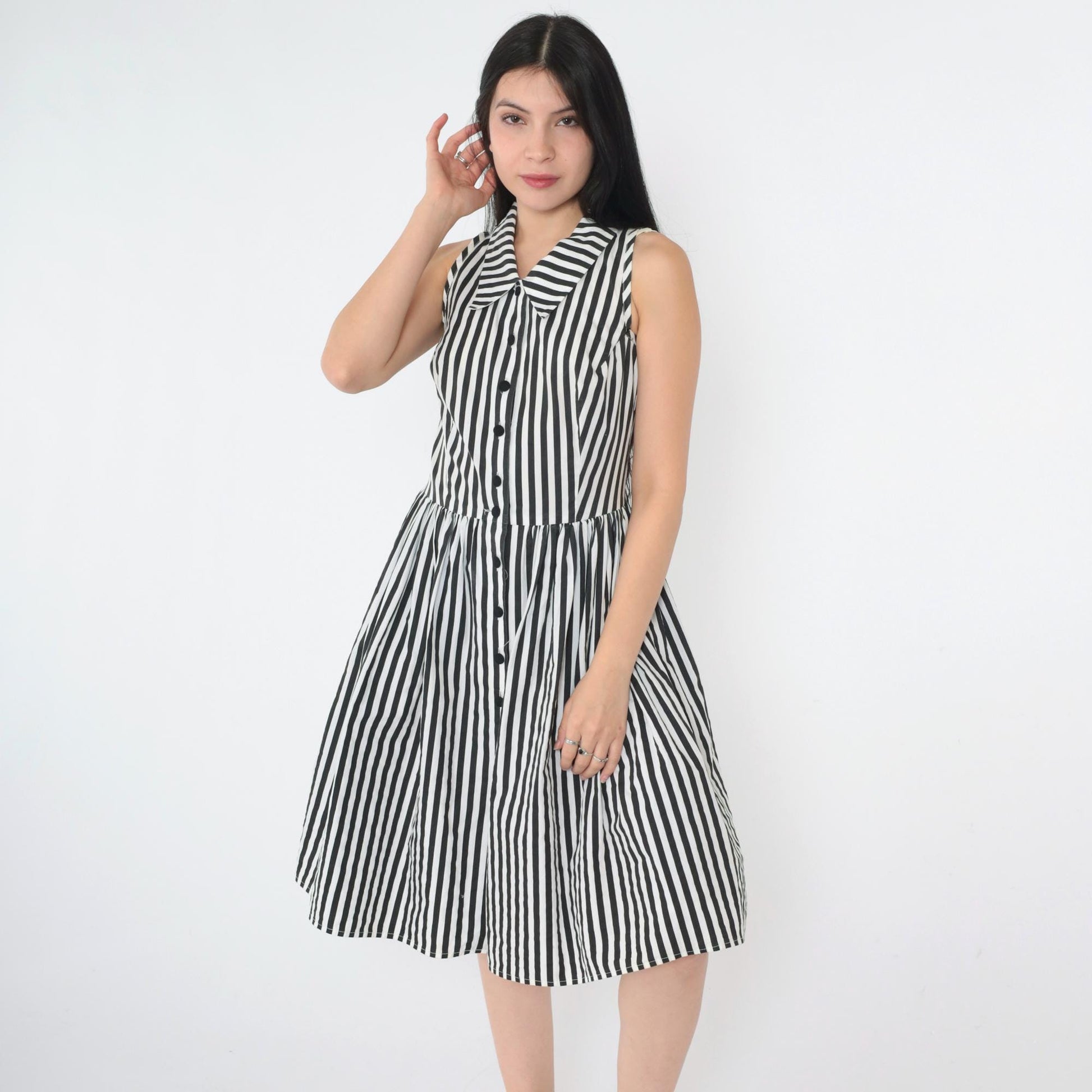 Y2K Black White Striped Shirtdress Knee Length Sleeveless High Waist Extra Small