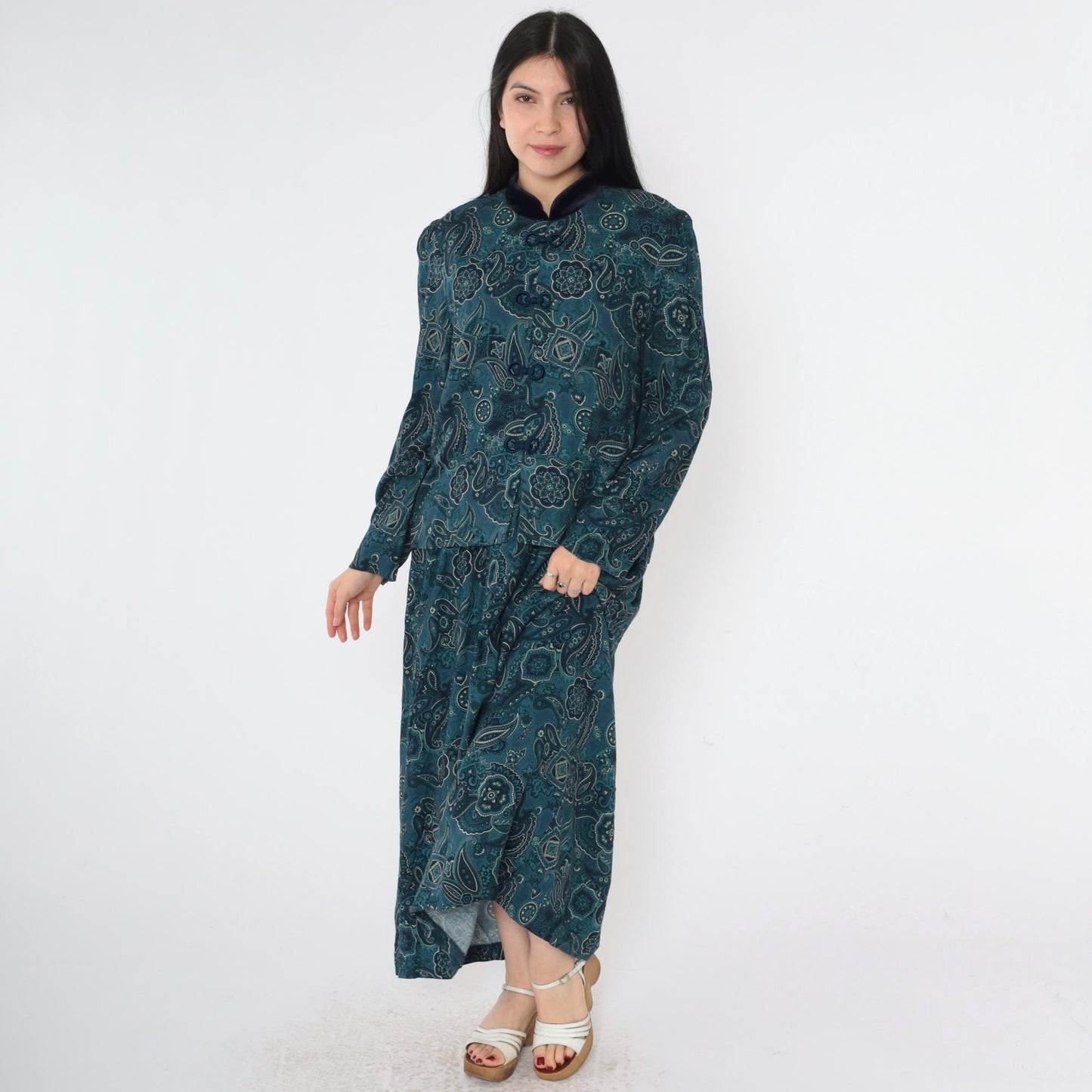 90s Blue Paisley Mandarin Collar Maxi Dress Puff Sleeve Frog Closure Medium Large