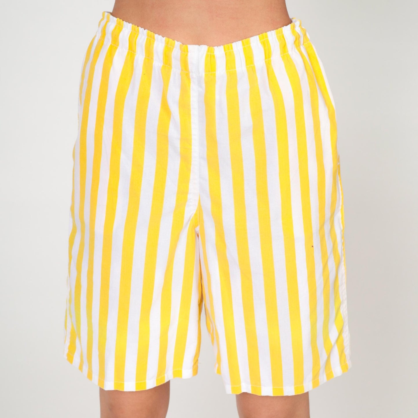 90s Sportego Striped Bermuda Shorts Yellow White Elastic Waist Small