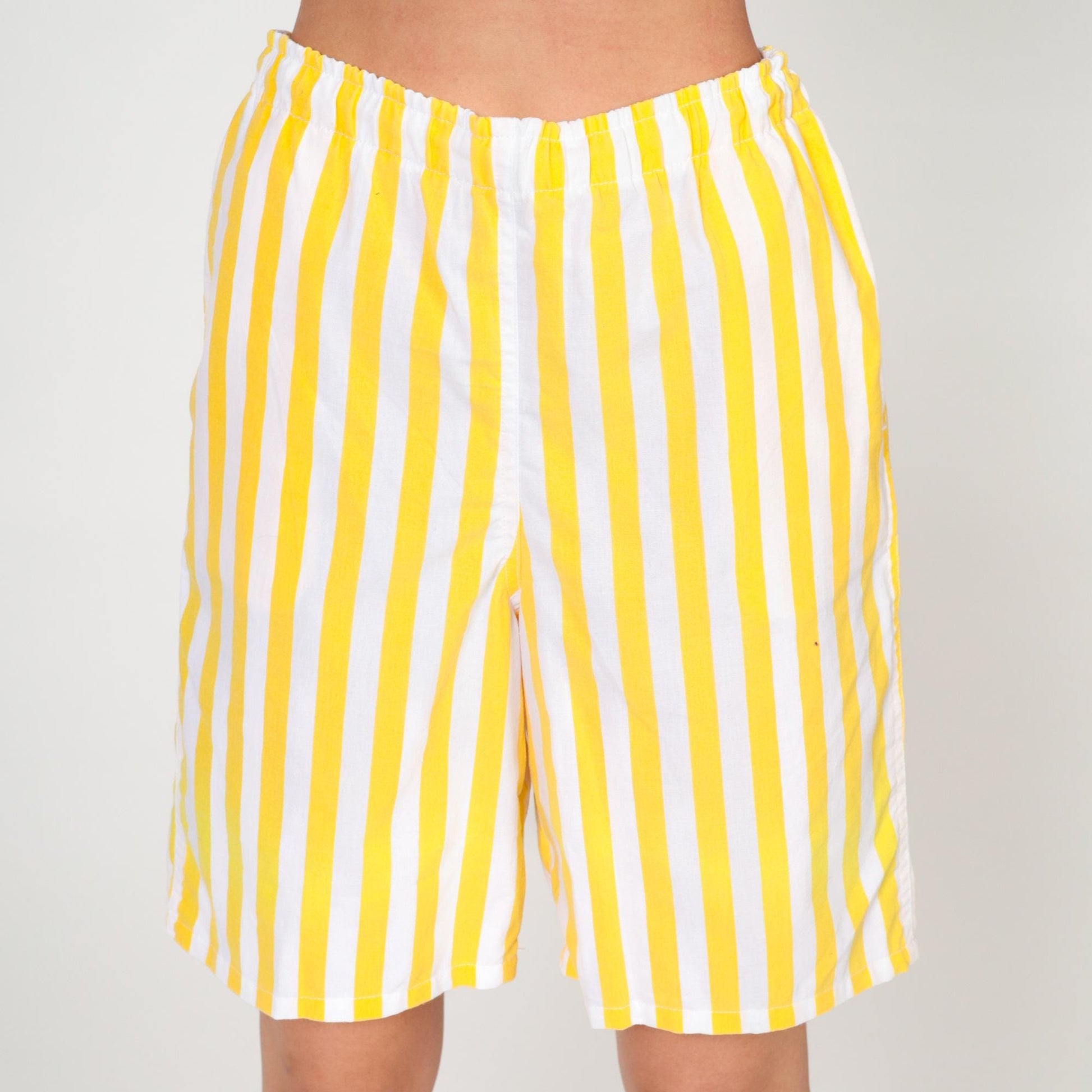 90s Sportego Striped Bermuda Shorts Yellow White Elastic Waist Small