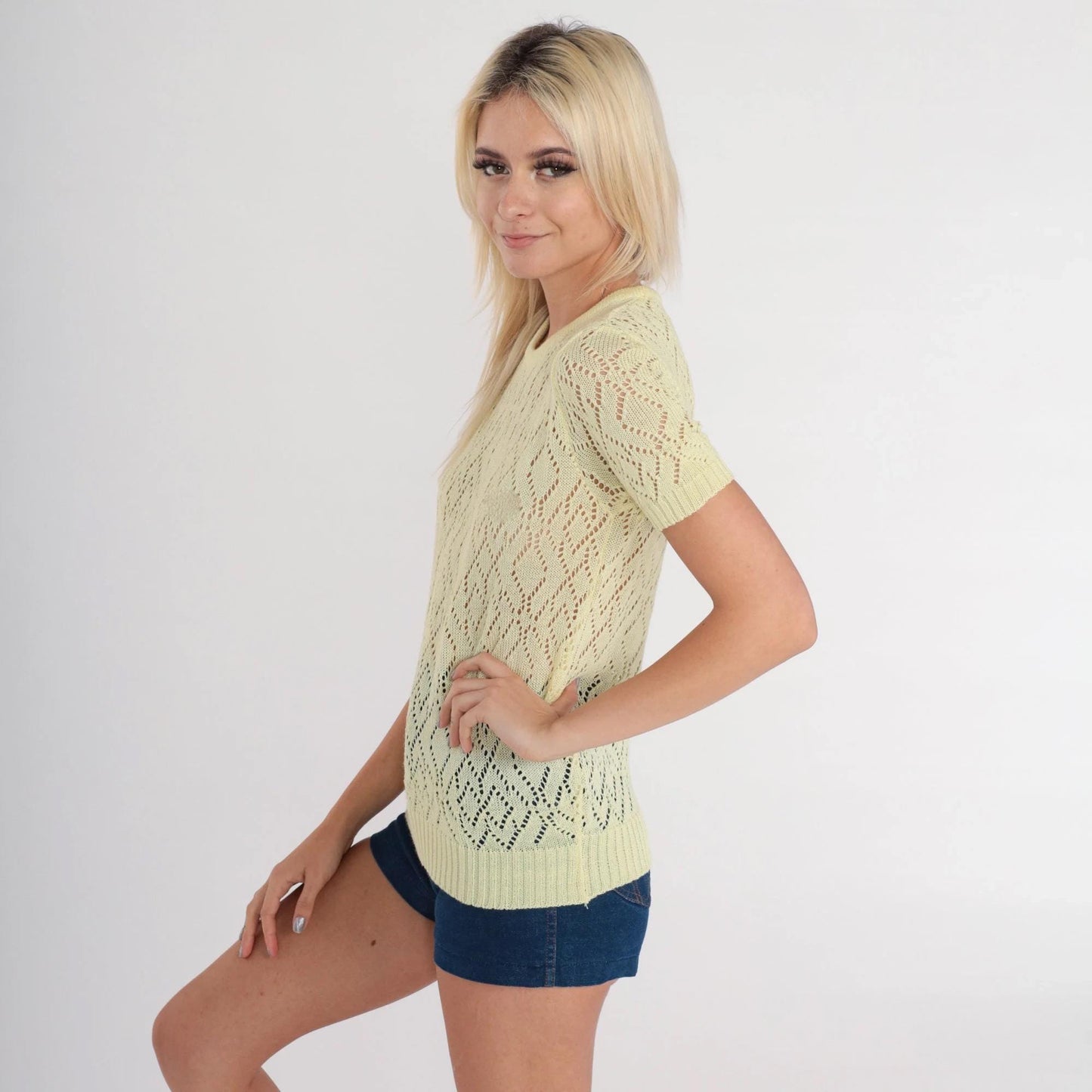 70s Yellow Pointelle Knit Top Short Sleeve Cutout Blouse Extra Small XS