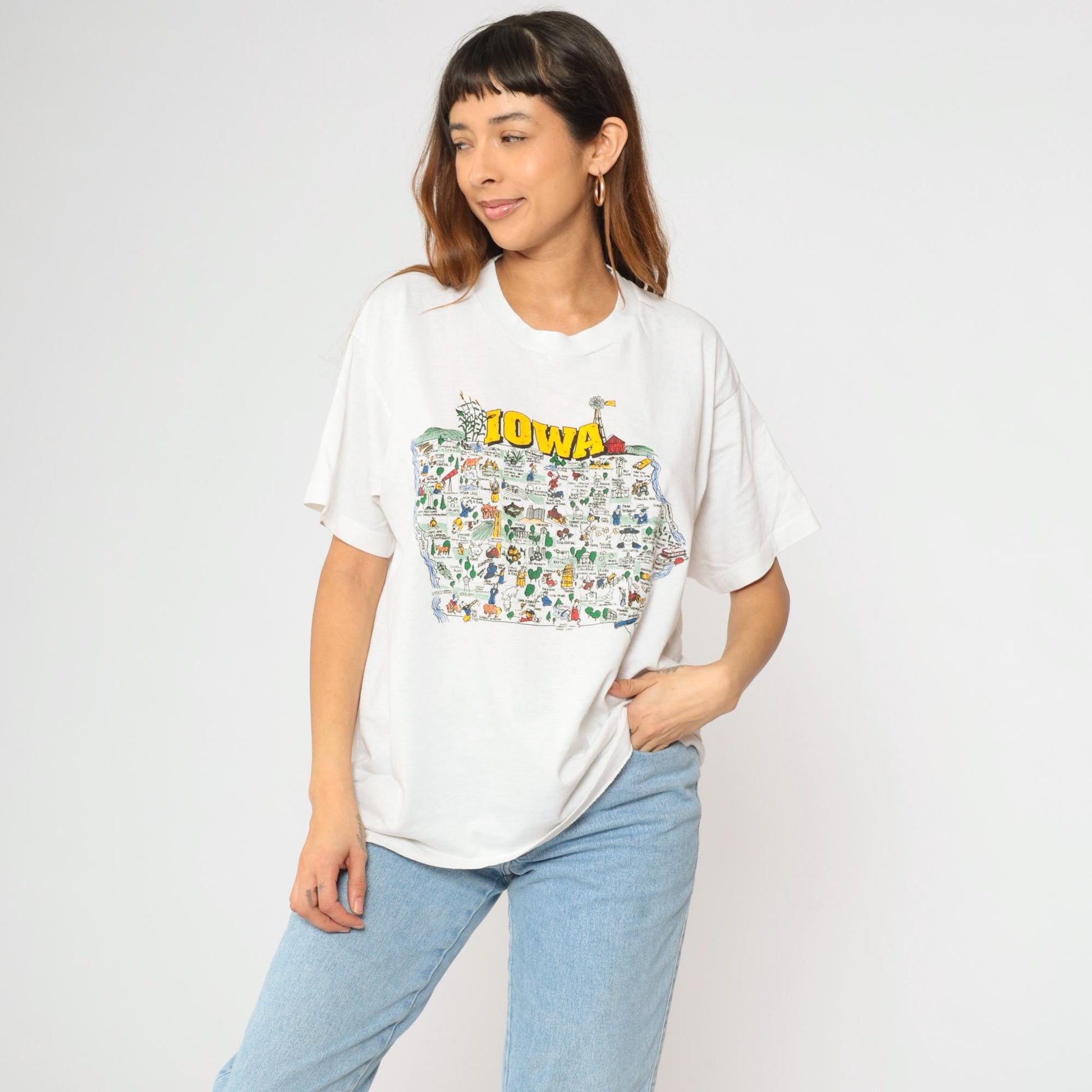 90s Iowa State Map Graphic T-Shirt White Crewneck Extra Large XL