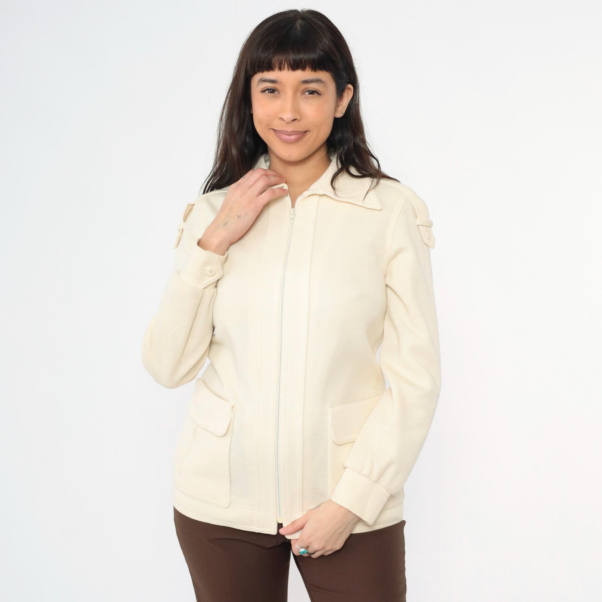 70s Cream Knit Zip Jacket Epaulettes Pointed Collar Small S