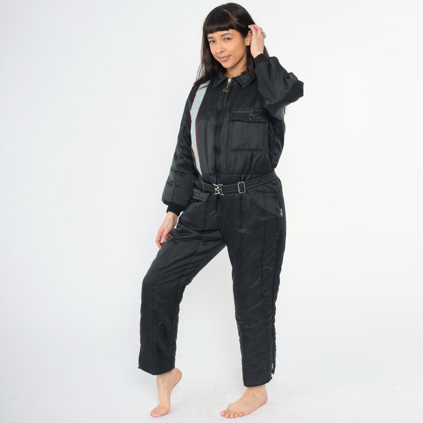 80s Walls Blizzard Pruf Black Striped Ski Suit One-Piece Snowsuit Youth 18