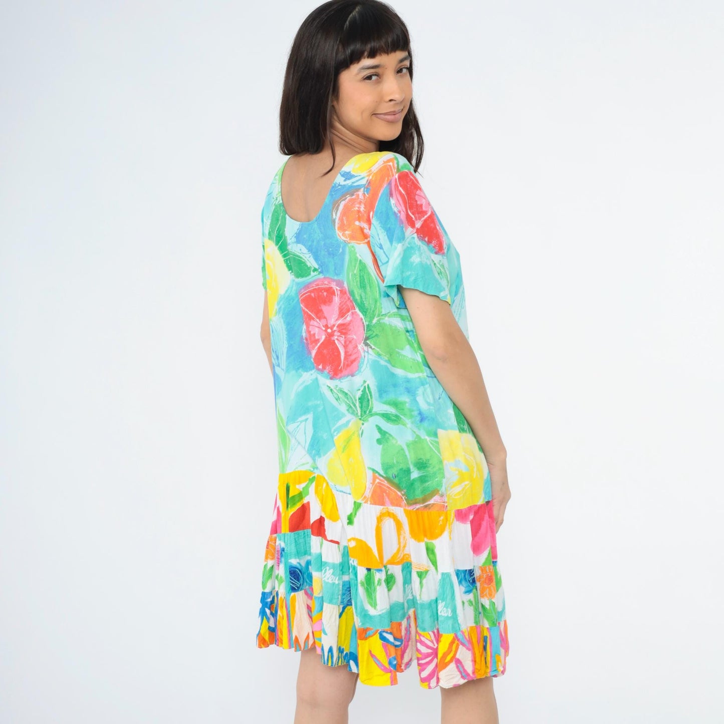 Jams World Tropical Watercolor Floral Dress Scoop Neck Tiered Skirt Extra Large