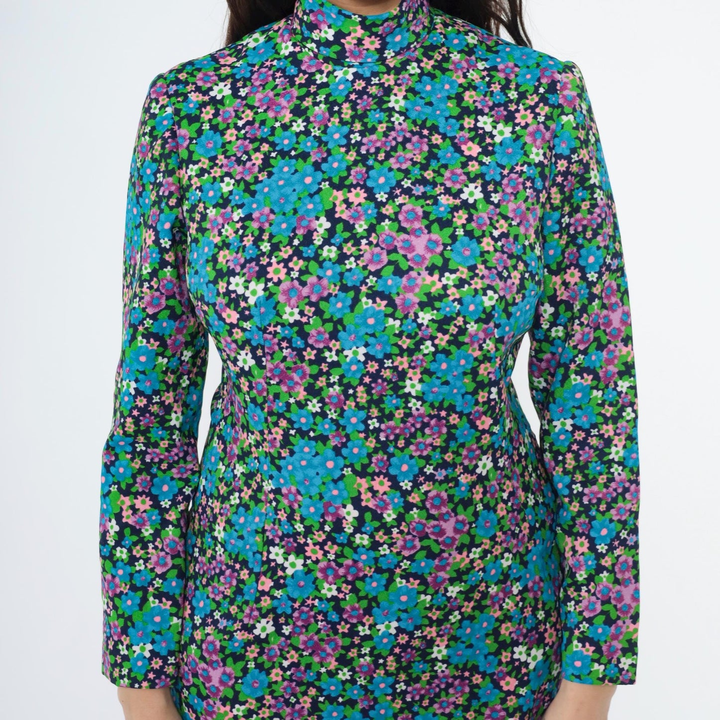 70s Blue Floral Maxi Dress Mock Neck Long Sleeve Princess Seams Small S