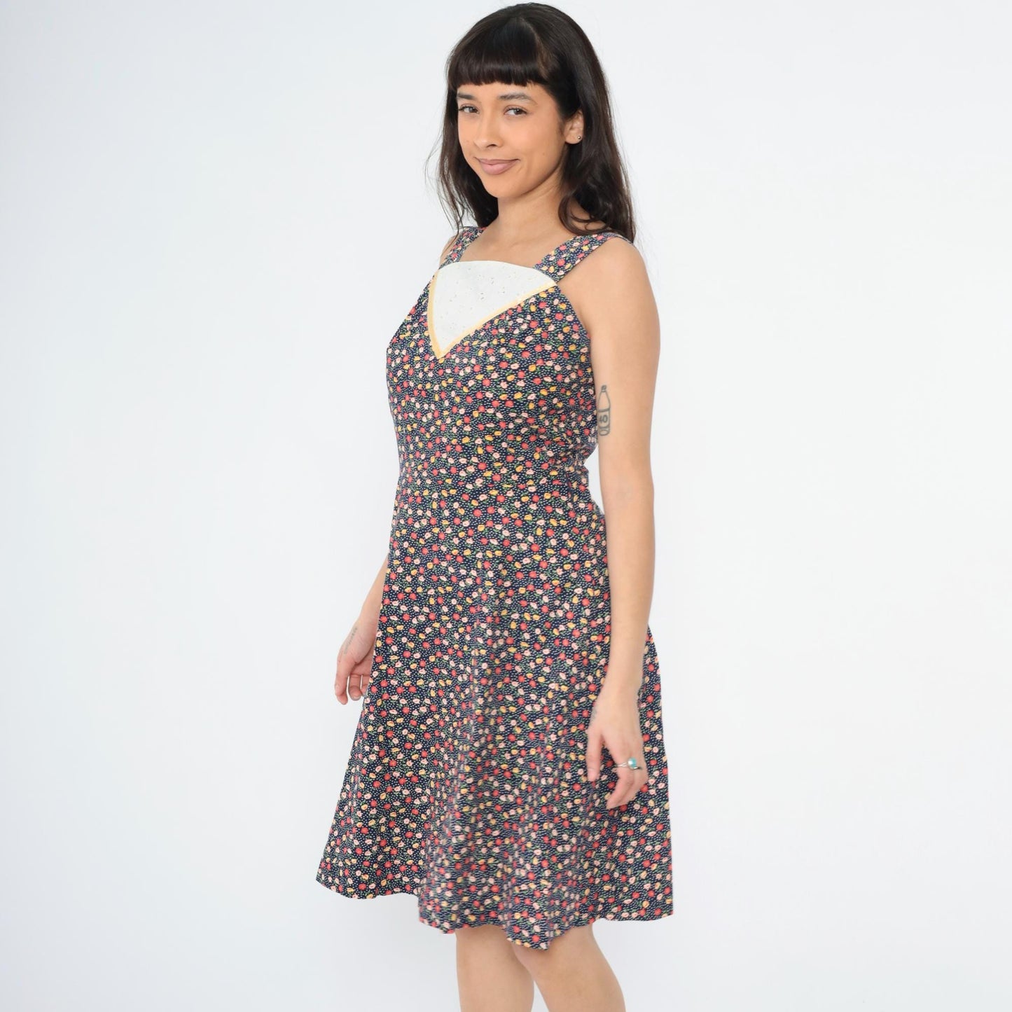 70s Navy Floral A-Line Dress Eyelet Lace Inset Sleeveless Knee Small
