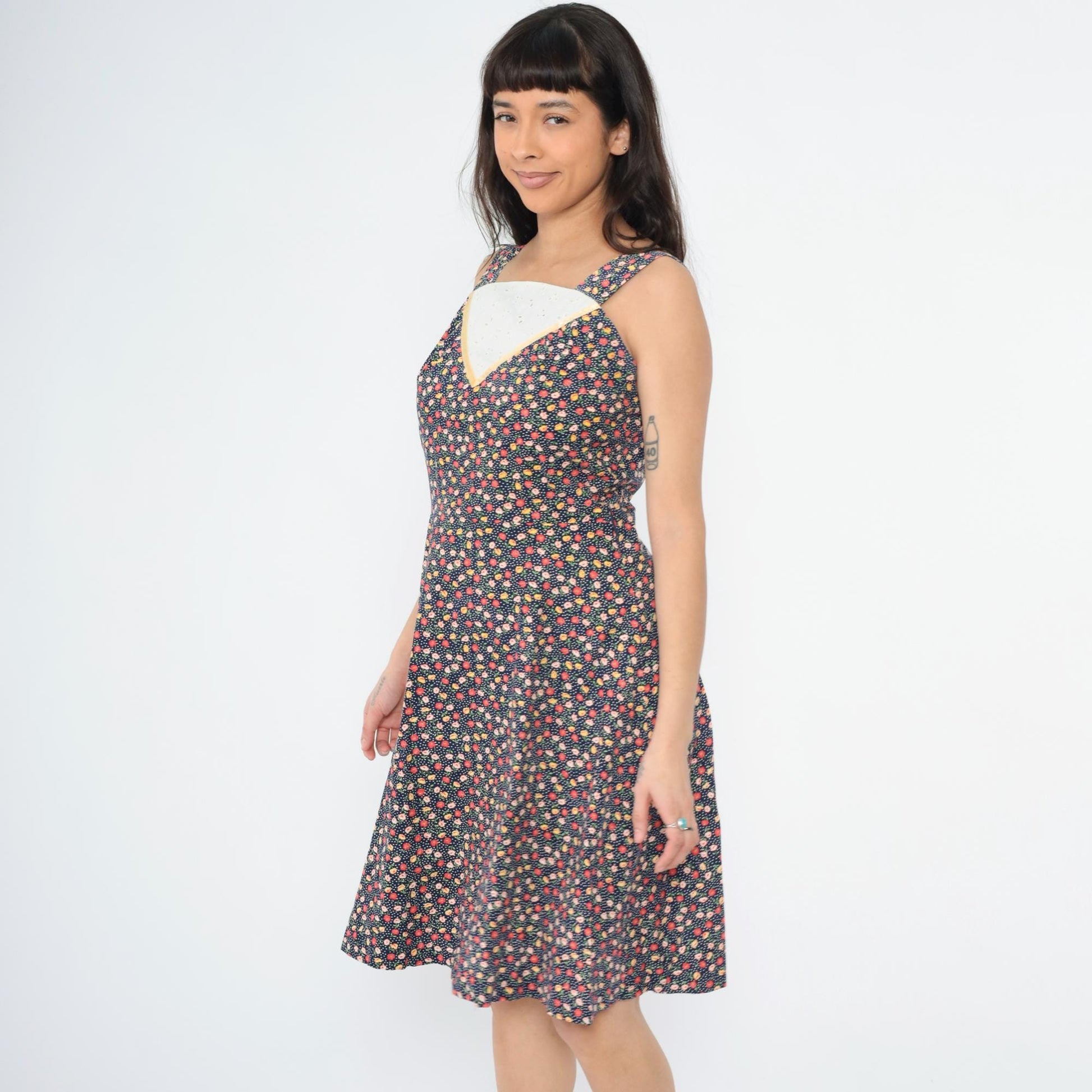 70s Navy Floral A-Line Dress Eyelet Lace Inset Sleeveless Knee Small