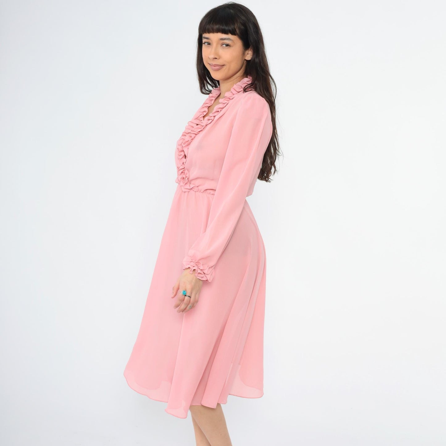 70s Ursula of Switzerland Pink Ruffle Midi Dress V-Neck Long Sleeve Medium M