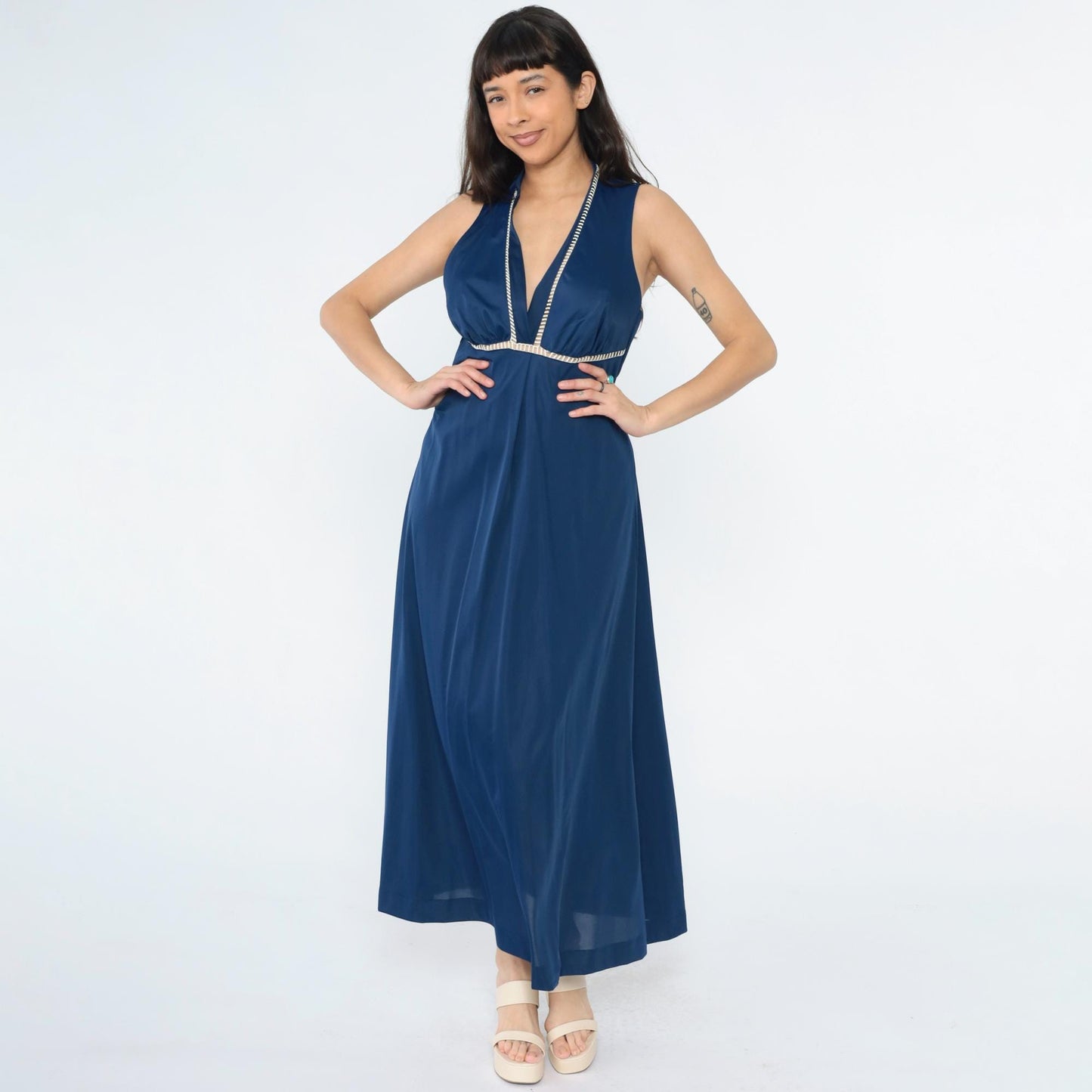 70s Vanity Fair Dark Blue Nylon Maxi Slip Dress Empire Waist Cutout Medium