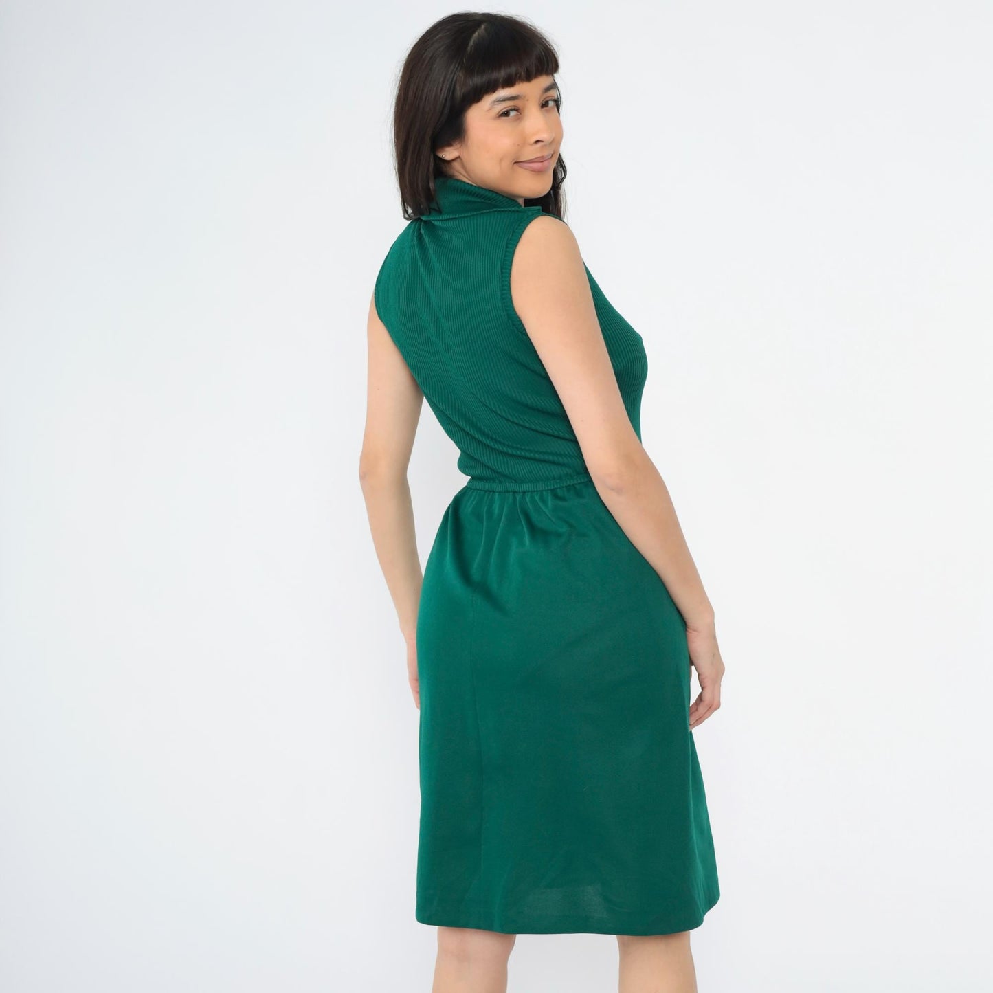 70s Dark Green Ribbed Knit Button-Up Dress Sleeveless Knee-Length Small Medium