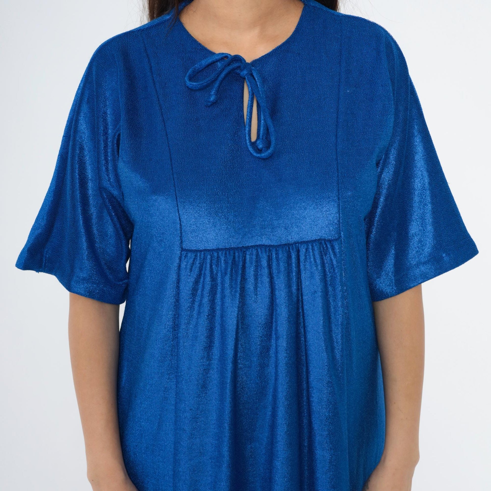 70s Paulette New York Terry Cloth Caftan Maxi Dress Royal Blue Keyhole Medium