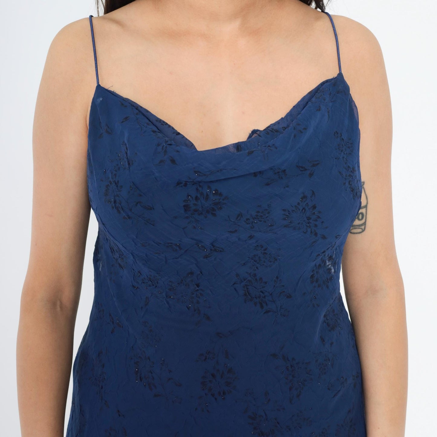 90s Dark Blue Floral Sparkly Chiffon Spaghetti Strap High-Low Midi Dress Medium 8