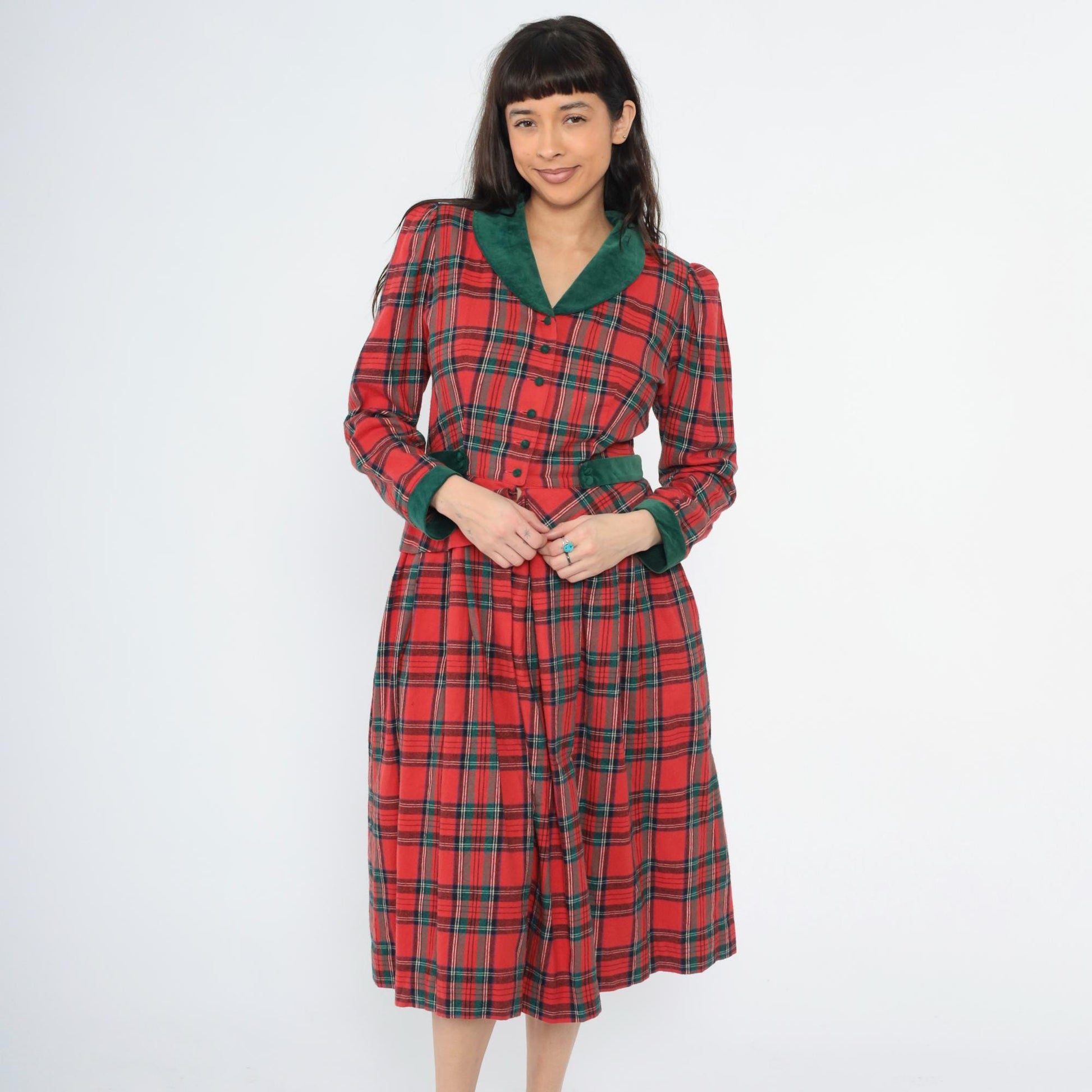 80s Lanz Originals Red Tartan Velvet Trim Peplum Midi Dress Medium 8