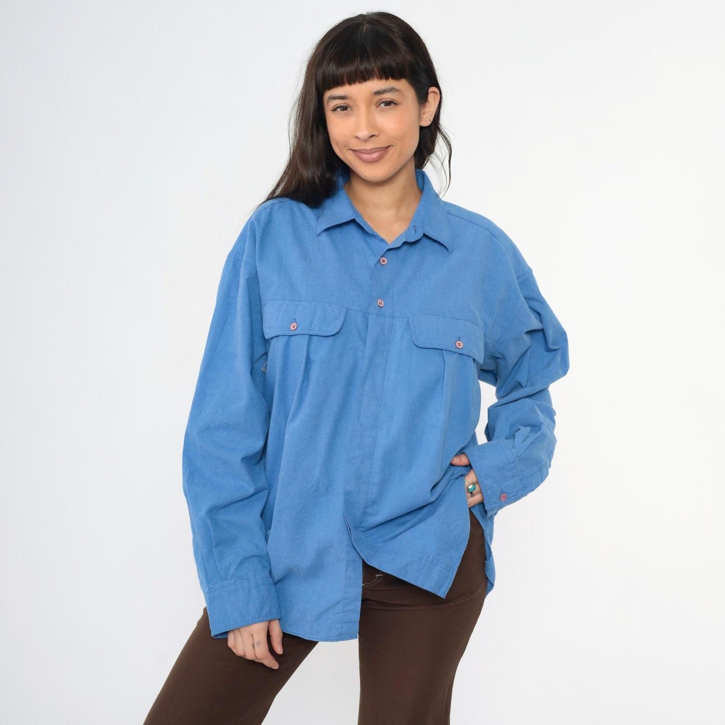 80s Gitano Blue Oxford Button-Up Shirt Chest Pocket Long Sleeve Extra Large XL