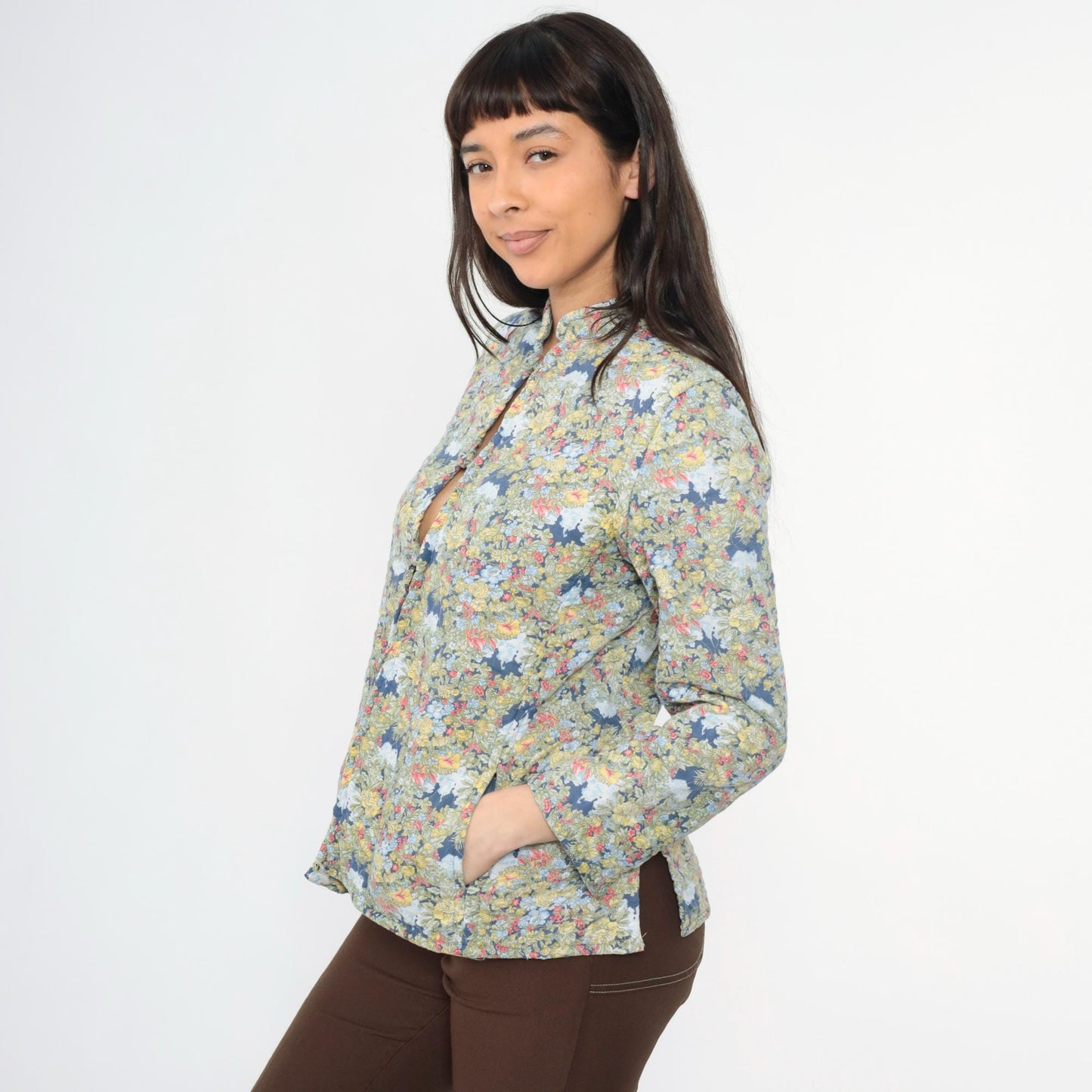 80s Quilted Floral Jacket Mandarin Collar Chinese Knot Buttons Small