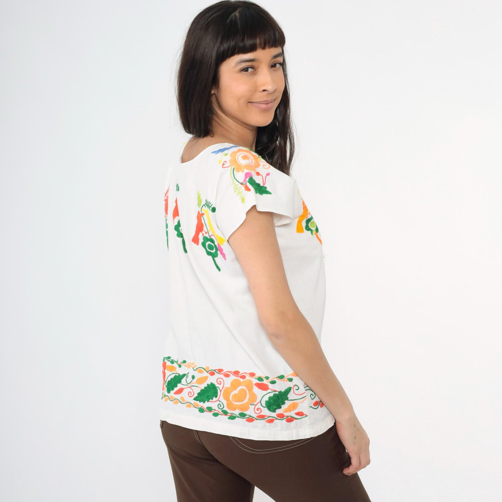 80s Mexican Embroidered Bird Blouse White Cotton Tunic Medium M