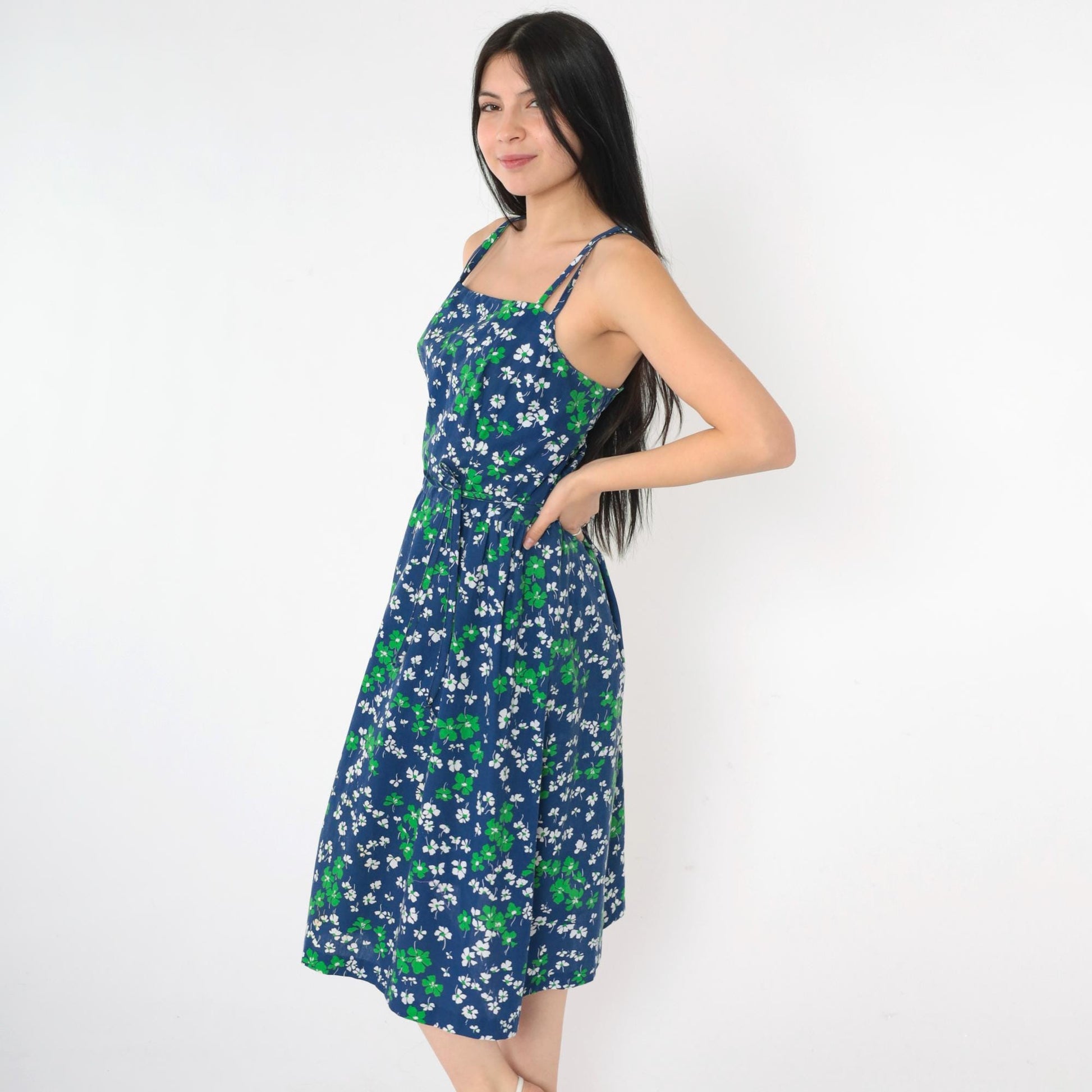70s Blue Floral Midi Sundress Smocked High Waist Spaghetti Straps Medium