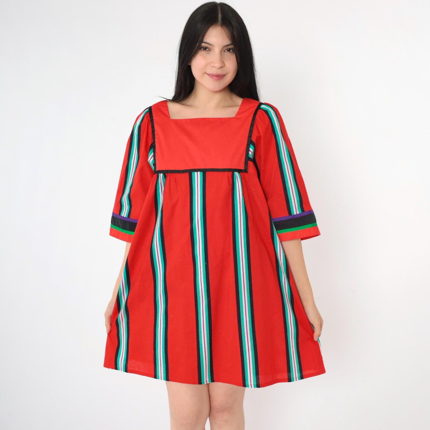 70s Liberty House Hawaiian Mini Dress Red Striped Tent Cut Medium