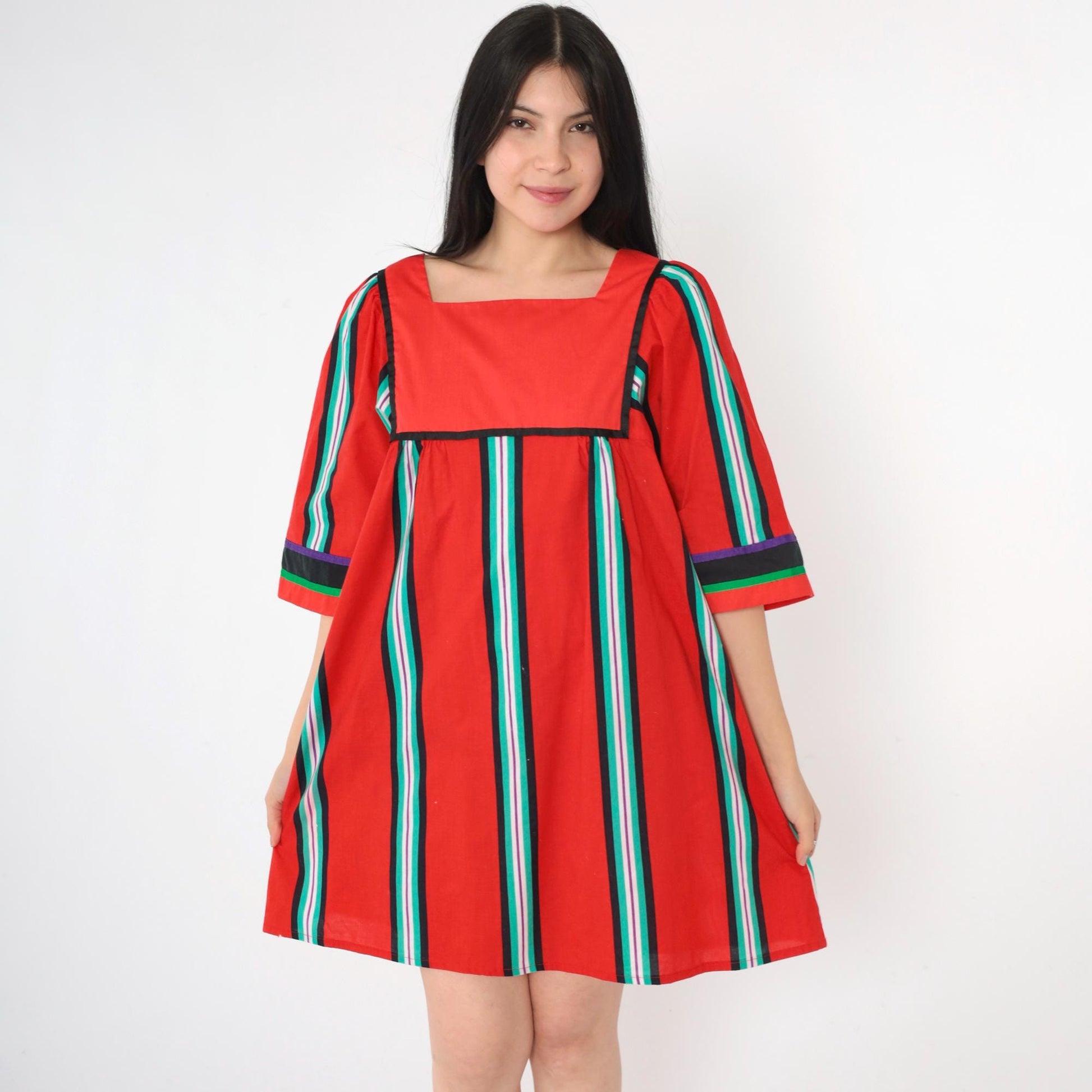 70s Liberty House Hawaiian Mini Dress Red Striped Tent Cut Medium