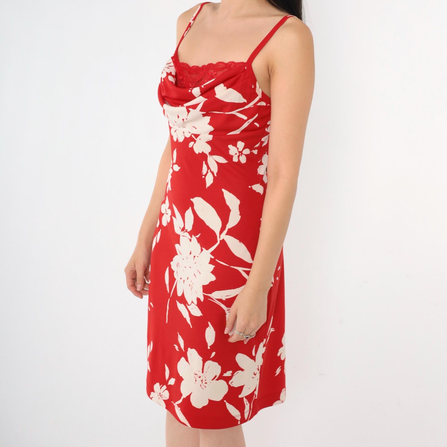 Y2K Red Floral Midi Dress Cowl Neck Lace Bust Spaghetti Strap Small