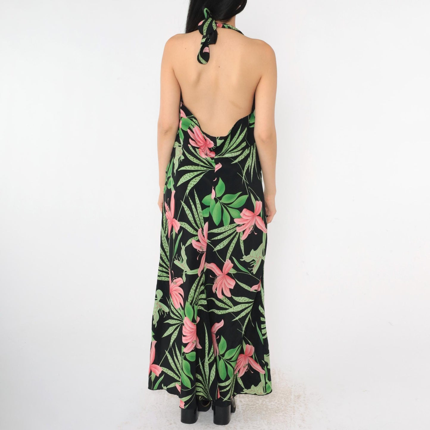 00s Ashley Stewart Floral Halter Maxi Dress Black Pink Green Plunge Neck Plus Size 20