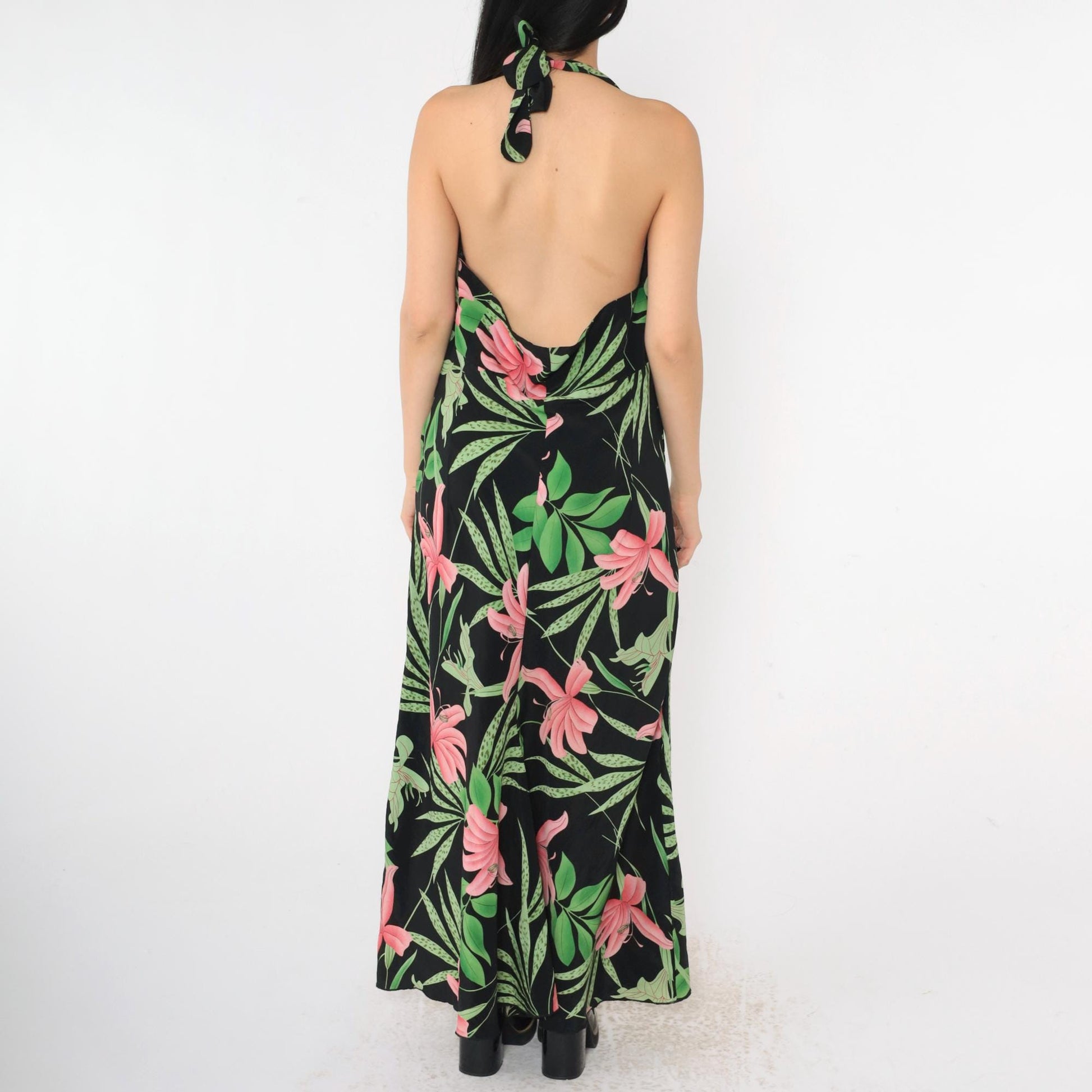 00s Ashley Stewart Floral Halter Maxi Dress Black Pink Green Plunge Neck Plus Size 20