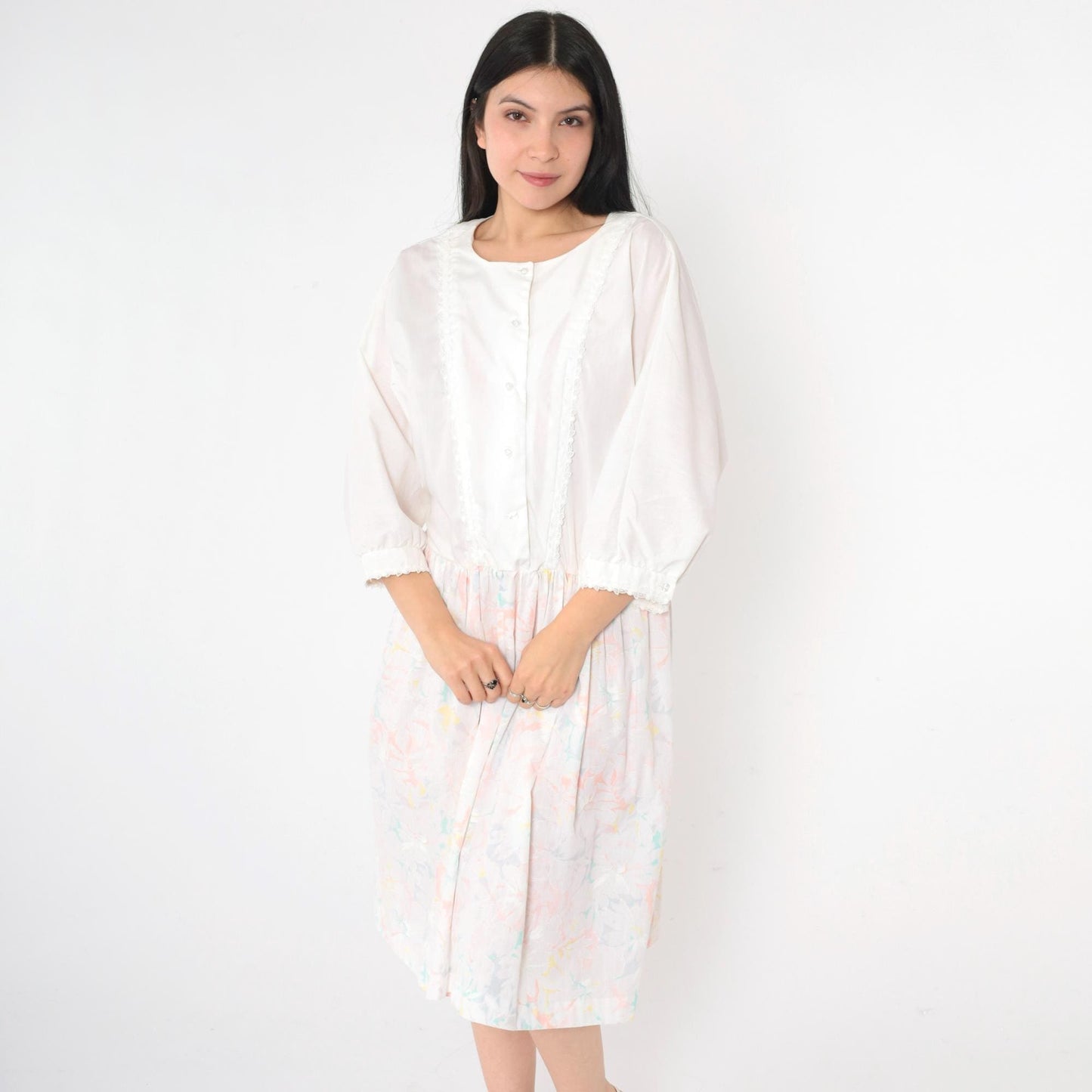 80s White Floral Midi Shirtdress Lace Trim High Waist Button Front Large L