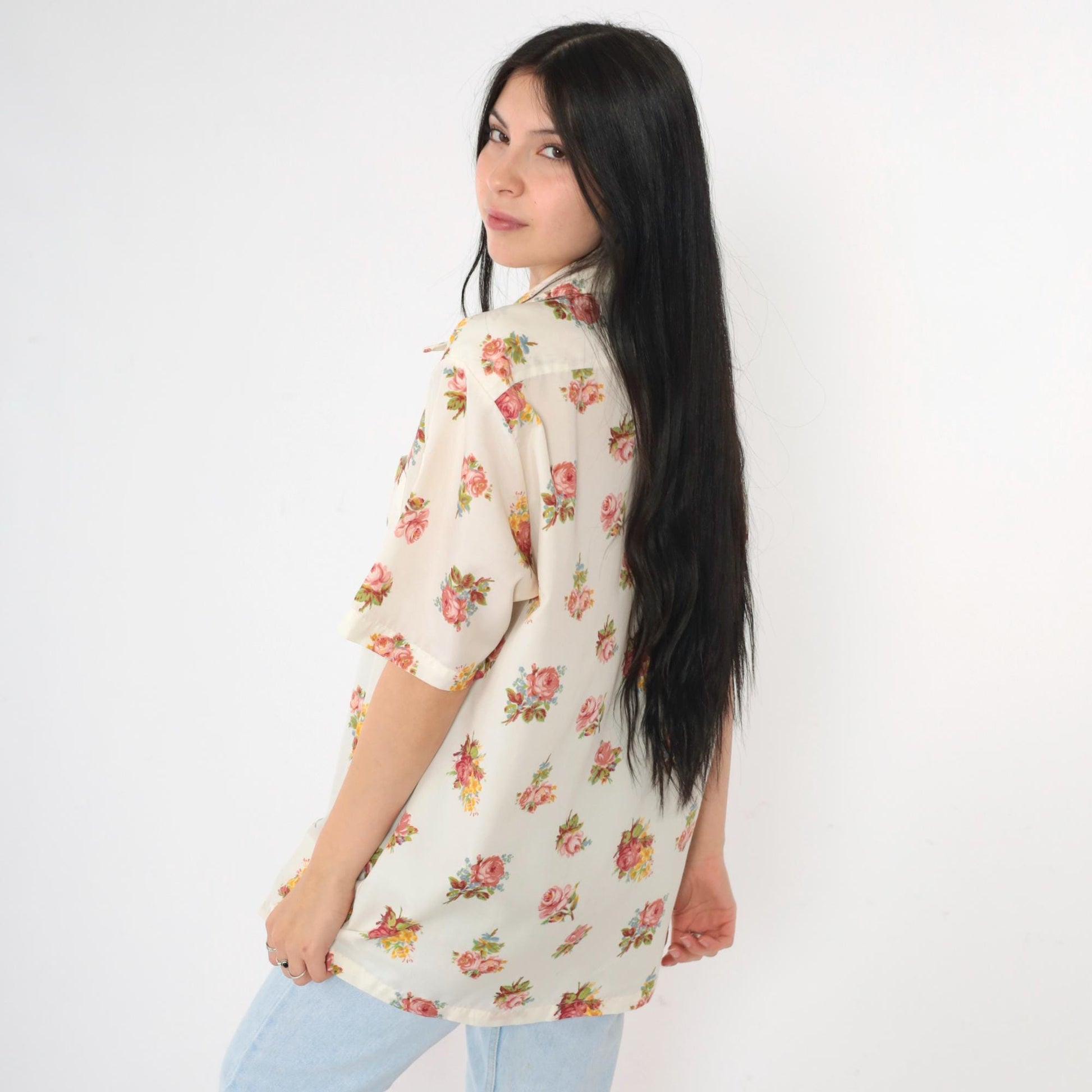 70s Pink Floral Rose Print Button Up Shirt Dagger Collar Men's Large