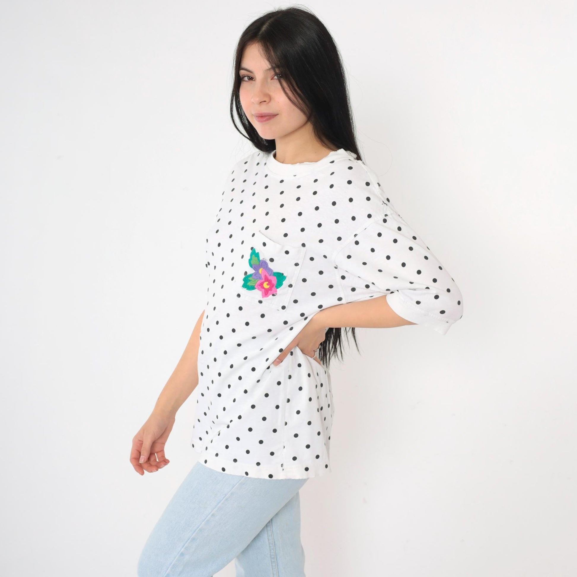 90s IZOD Polka Dot Cotton T-Shirt White Black Floral Pocket Medium M