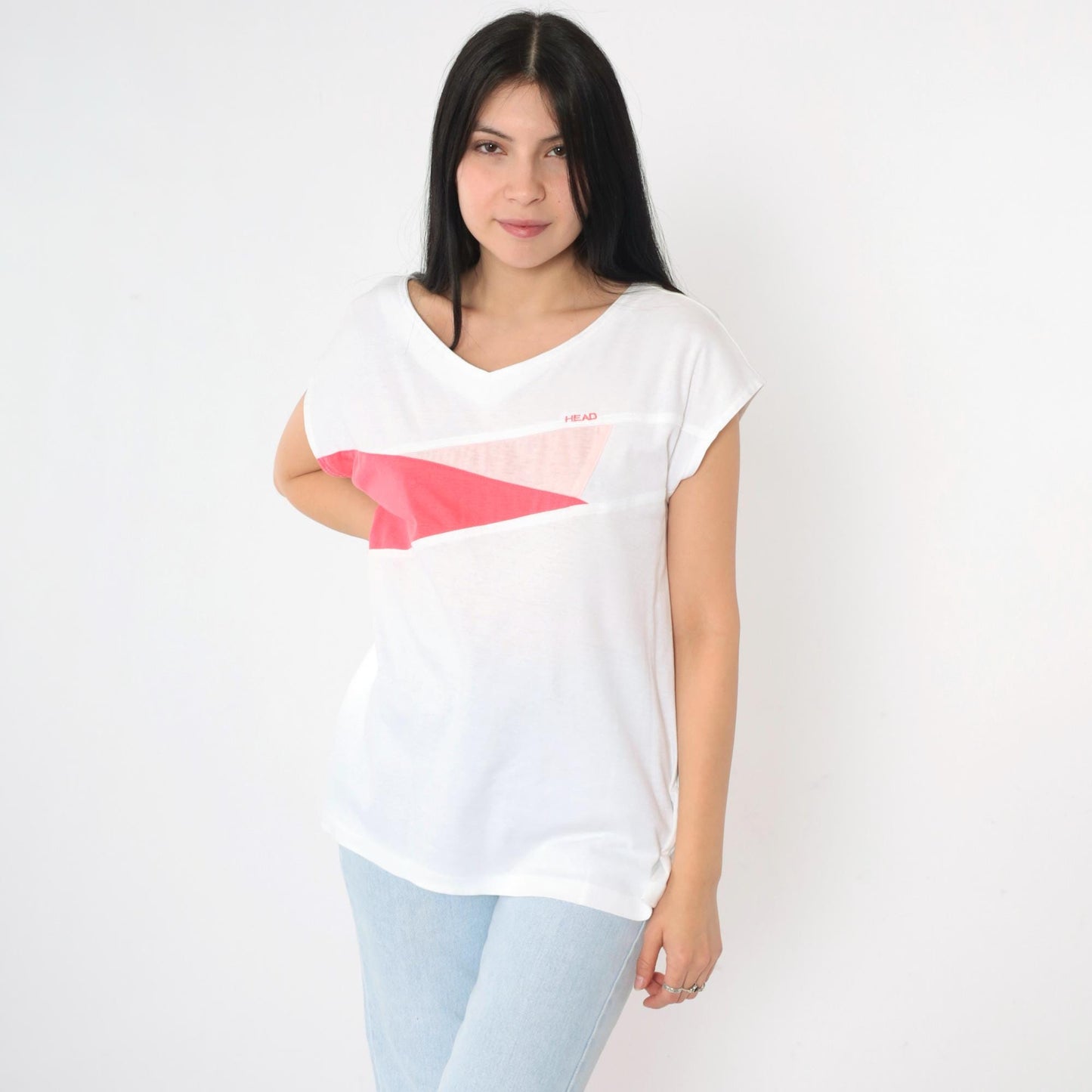 80s Head Tennis T-Shirt White Pink Colour Block V-Neck Medium M