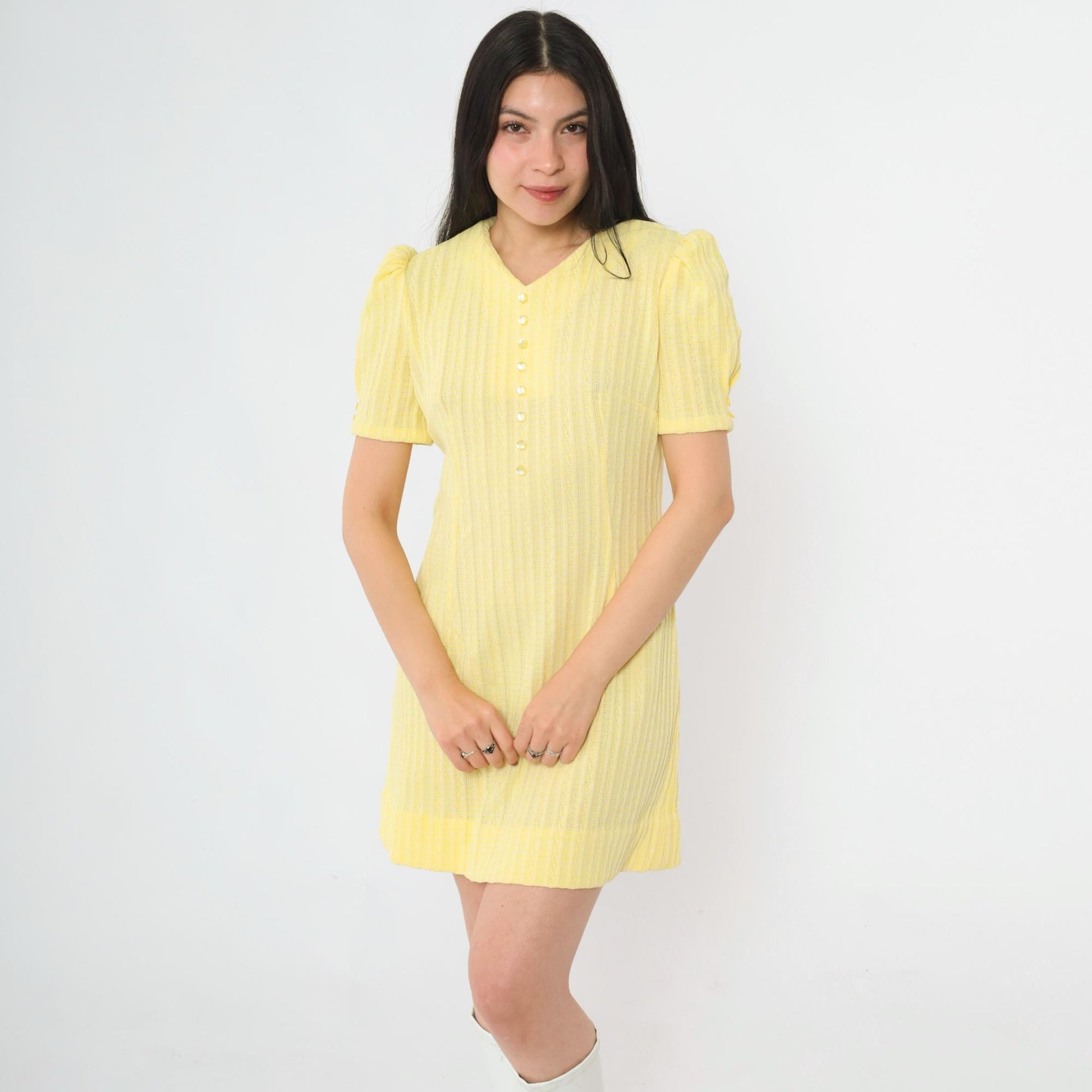 60s Yellow Ribbed Knit Mini Dress Puff Sleeve Shift Small Medium