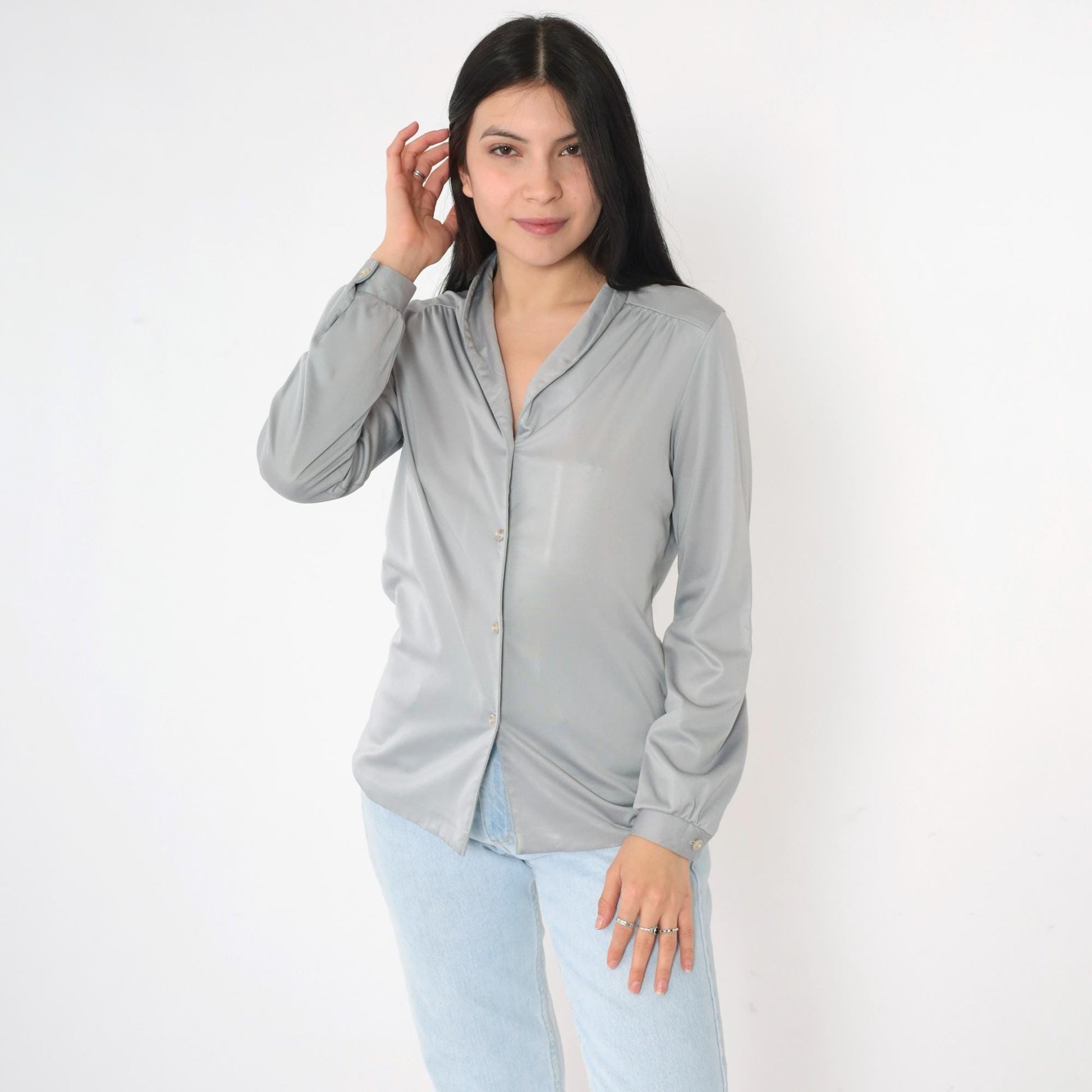 80s Grey Button-Up Blouse Long Sleeve Collared Shirt Medium M